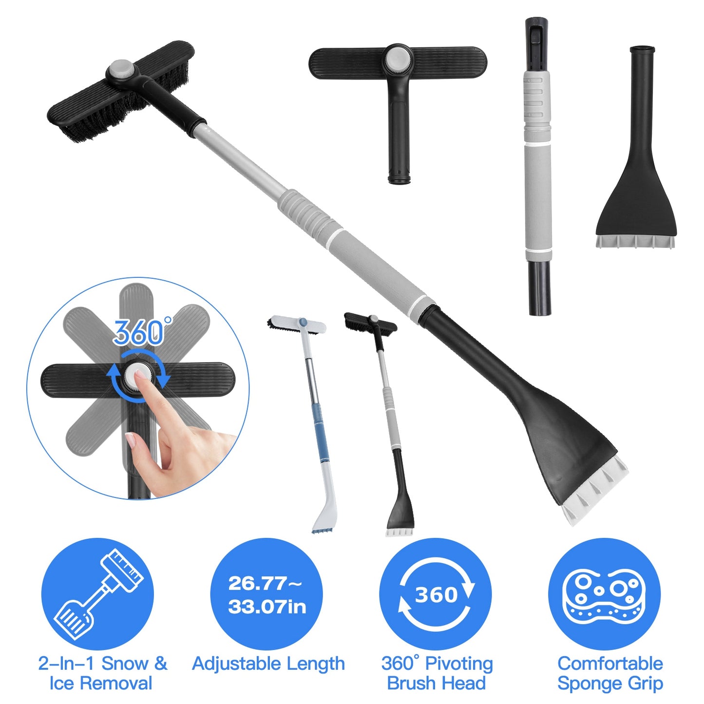 LJGelectro - 2 In 1 Ice Scraper Extendable Car Snow Brush Telescopic Snow Removal Tool Automobile Snow Shovel Frost Removal with 360° Pivoting Brush Head Sponge Gr