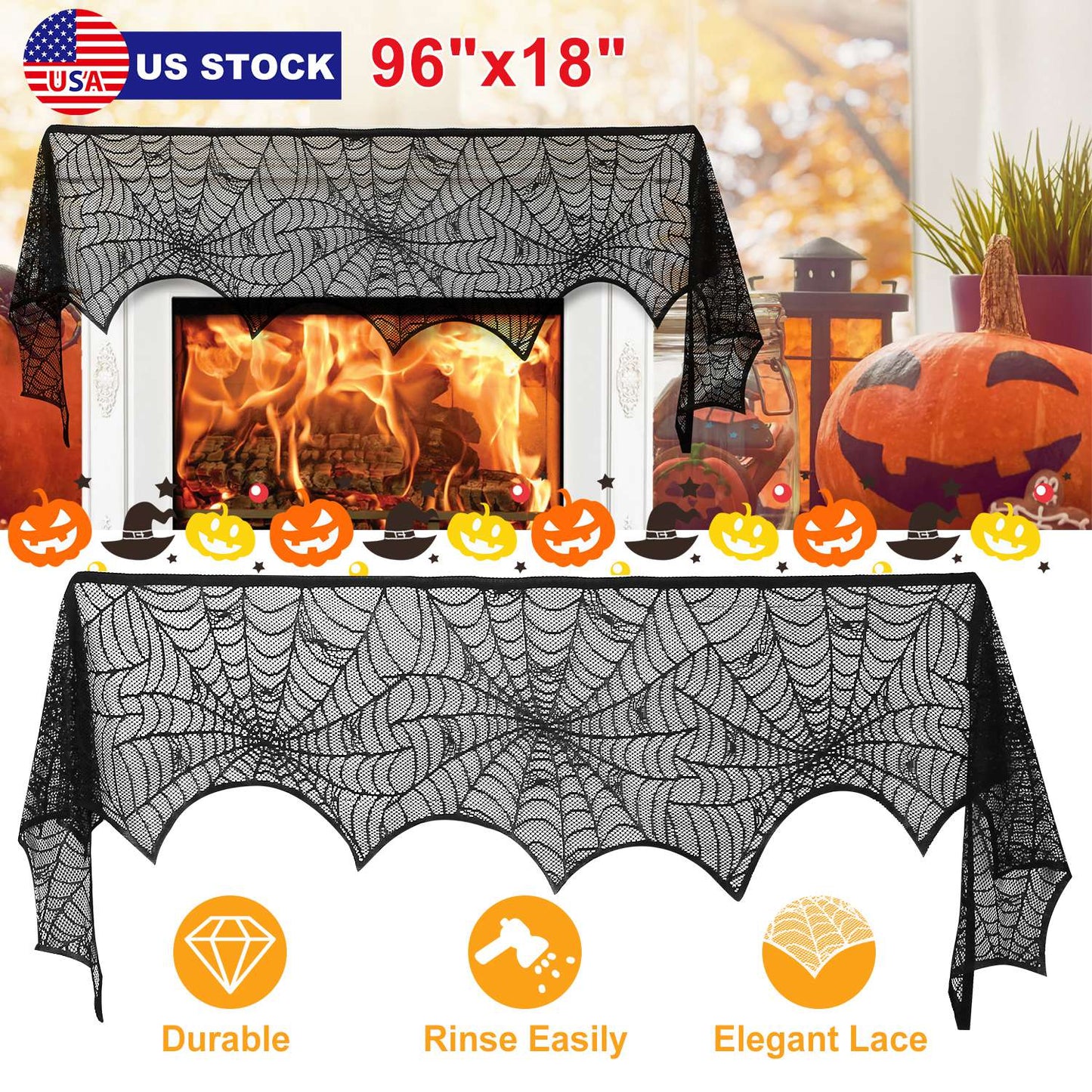 LJGelectro - Halloween Decoration Black Lace Spiderweb Fireplace Mantle Scarf Cover Festive Party Supplies Fireplace Scarf 96 x 18 inch for Halloween Christmas Par