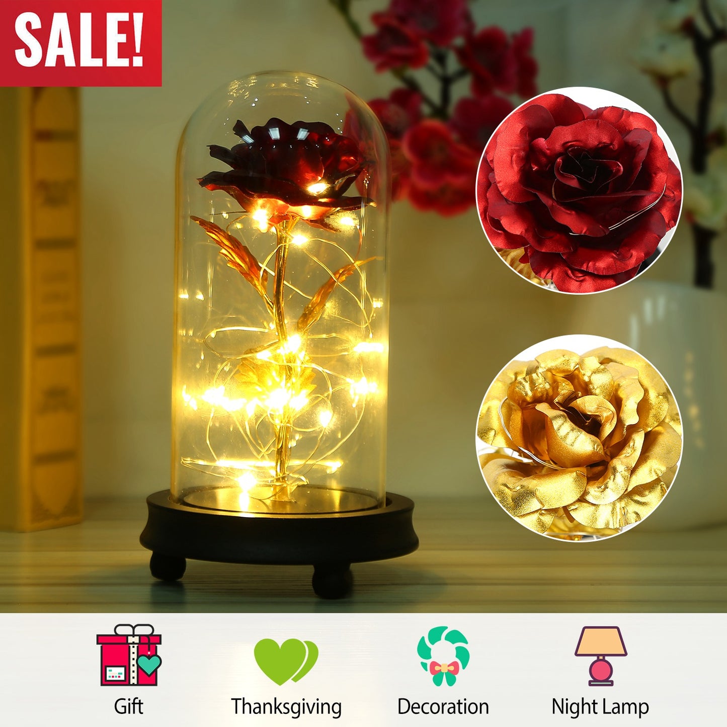 LJGelectro - Foil Rose LED String Light Rose Fairy Lamp w/ Glass Dome For Valentines’ Day Mother’s Day Wedding Birthday