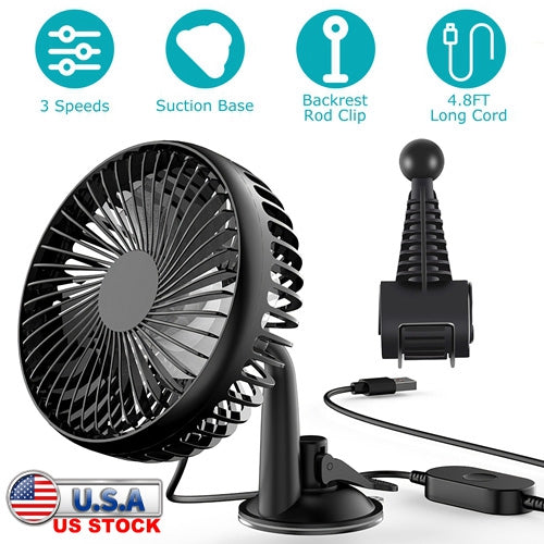 LJGelectro - Car Cooling Fan Portable Rotatable USB Vehicle Fan Backseat Clip Fan Dashboard Window Suction Fan for SUV RV Pickup with 3 Speeds