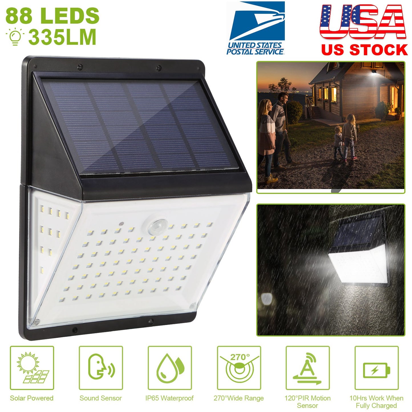 LJGelectro - Solar Lights 88 LEDs Wall Lamps Outdoor 120° Motion Sensor Sound Control Lightings 270°Illumination IP65 Waterproof w/ 2.5m Extend Wire for Garage Gar