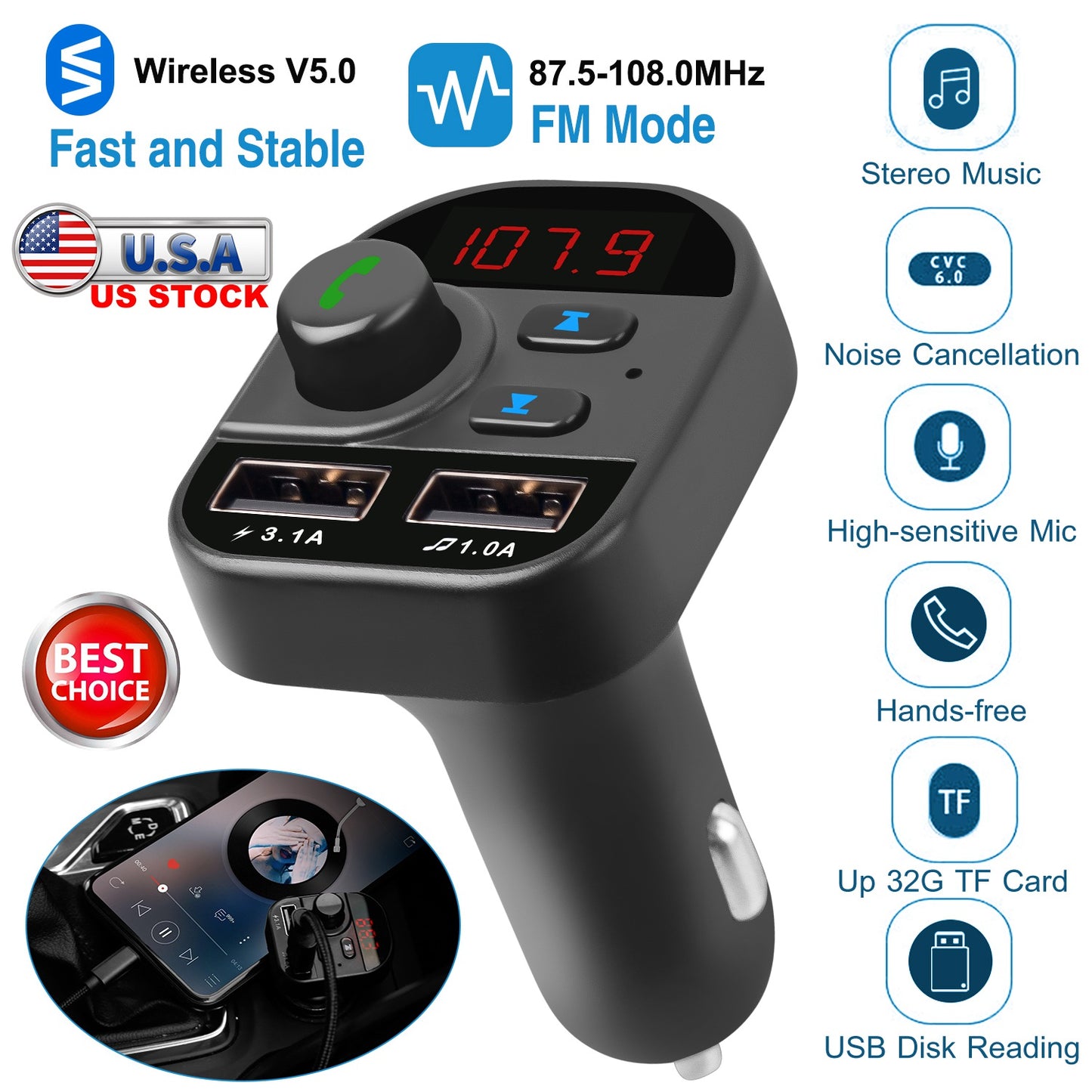 LJGelectro - Car Wireless V5.1 FM Transmitter Dual USB Charge Hands-free Call Car MP3 Player TF Card USB Disk Reading