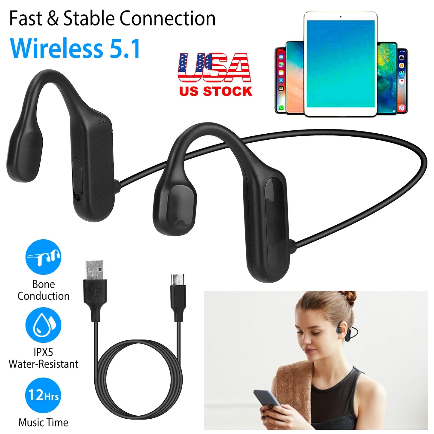 LJGelectro - V5.1 Wireless Bone Conduction Headphone Open Ear Sports Wireless Headset w/ Mic IPX5 Sweatproof