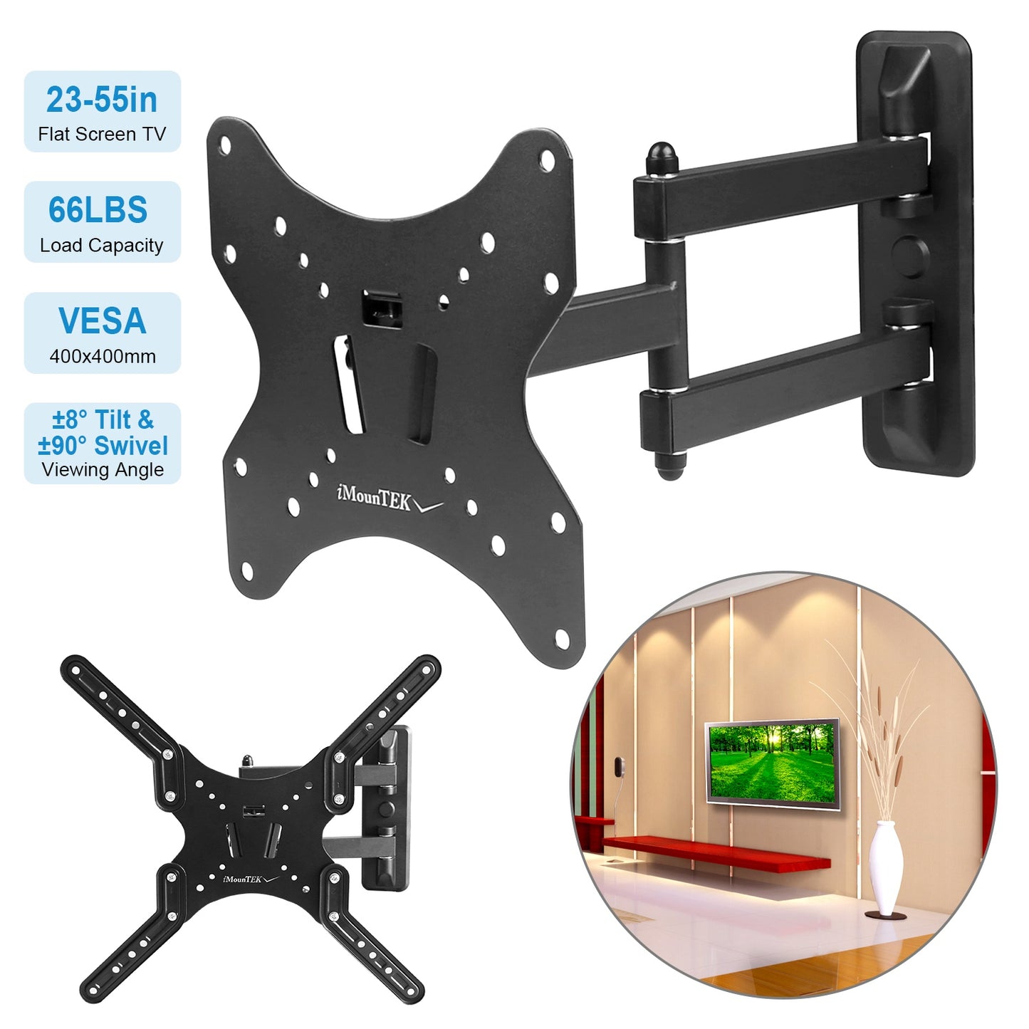 LJGelectro - Fixed TV Wall Mount Bracket For 23-55in LED/LCD/PLASMA Flat TV VESA 400x400mm ±8° Tilt ±90° Swivel