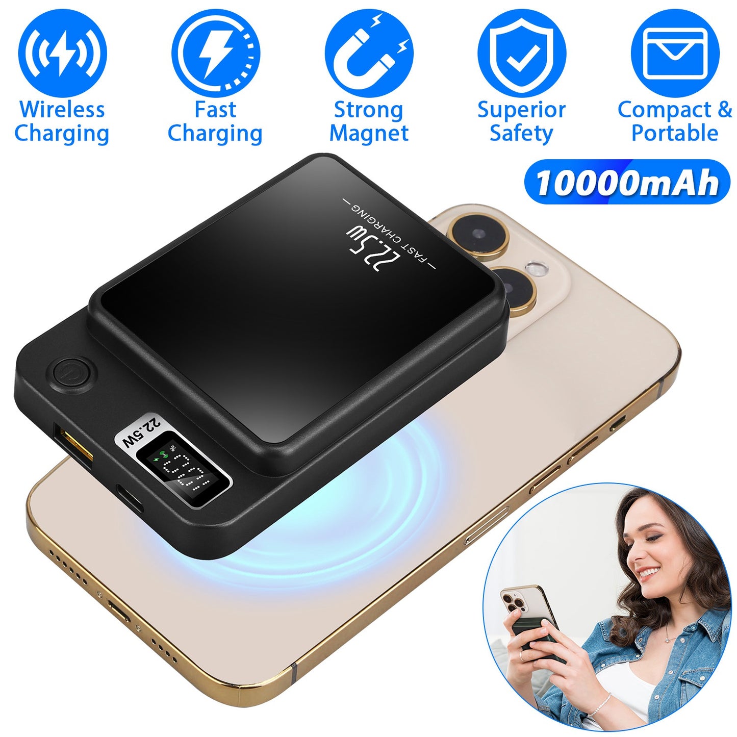 LJGelectro - 2 In 1 Magnetic Wireless Power Bank 10000mAh PD20W Fast Charger MagSafe Wireless Power Bank Fit for IOS Phones IOS Phone 14 Series And More