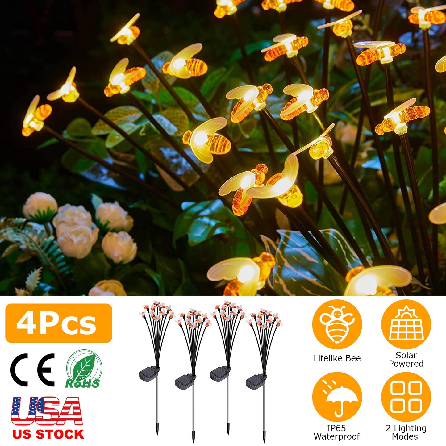 LJGelectro - 4Pack Solar Powered Stake Bee Light 2 Lighting Mode Lifelike Firefly Decorative Stake Lamp IP65 Waterproof Outdoor Landscape Garden Light Warm Yellow