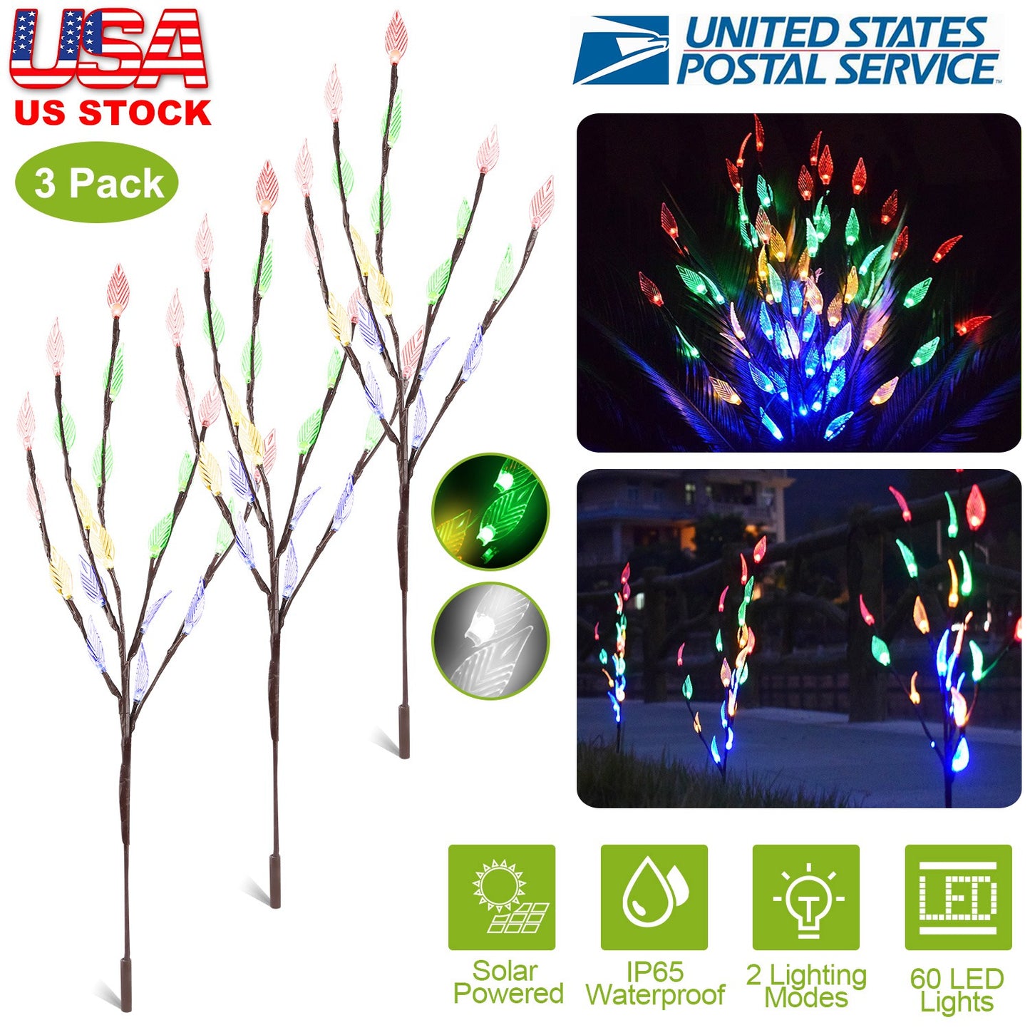 LJGelectro - 3 PCS 60 LED Solar Garden Lights Tree Branch Leaf Shape Lamp IP65 Waterproof Solar Garden Decorative Lights for Outdoor Garden Lawn Patio Decking