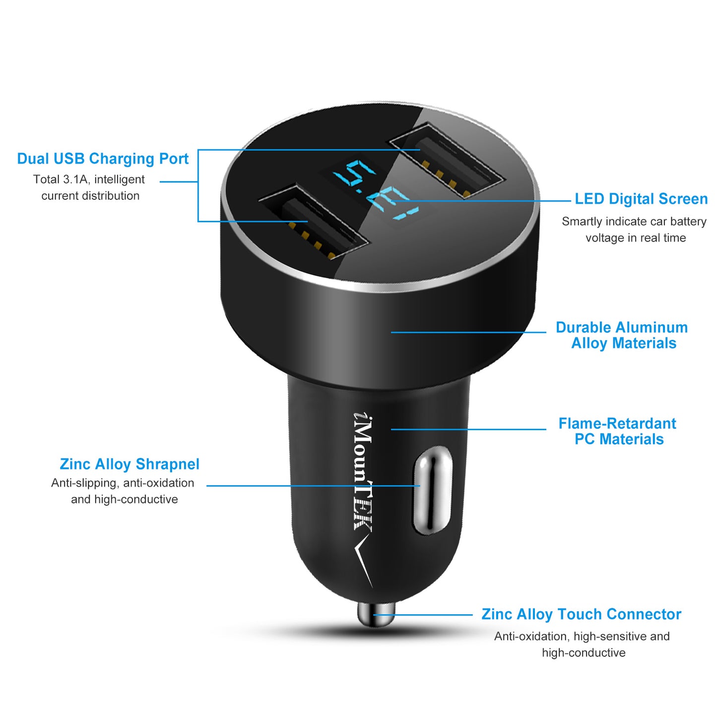 LJGelectro - Universal 15W/3.1A Dual USB Car Charger Adapter Aluminum Alloy Fast Car Charging Adapter for iPhone XR XS Tablet PC