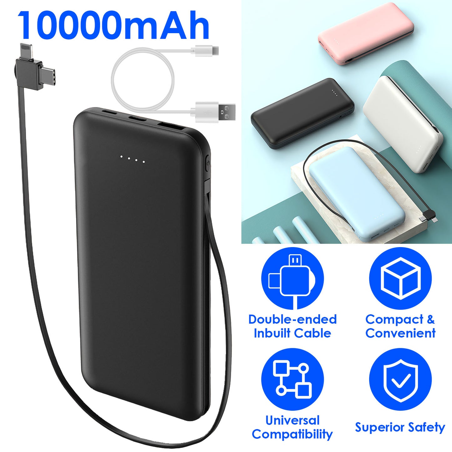 LJGelectro - 10000mAh Power Bank Portable Phone Charger External Battery Pack with LT & Type-C Double-ended Cable Type-C USB Cable Fit For IOSPhone 14 Android And