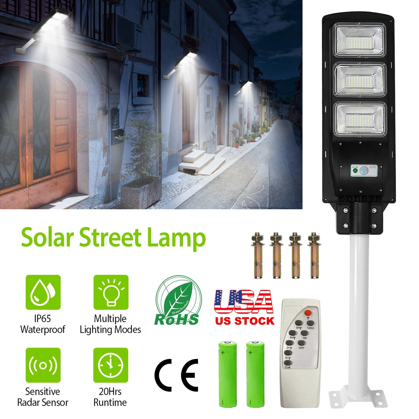 LJGelectro - Solar Street Path Light Outdoor 180LEDs Radar Sensor Remote Control Wireless Lamps IP65 Waterproof Lighting For Garage Front Door Garden Pathway