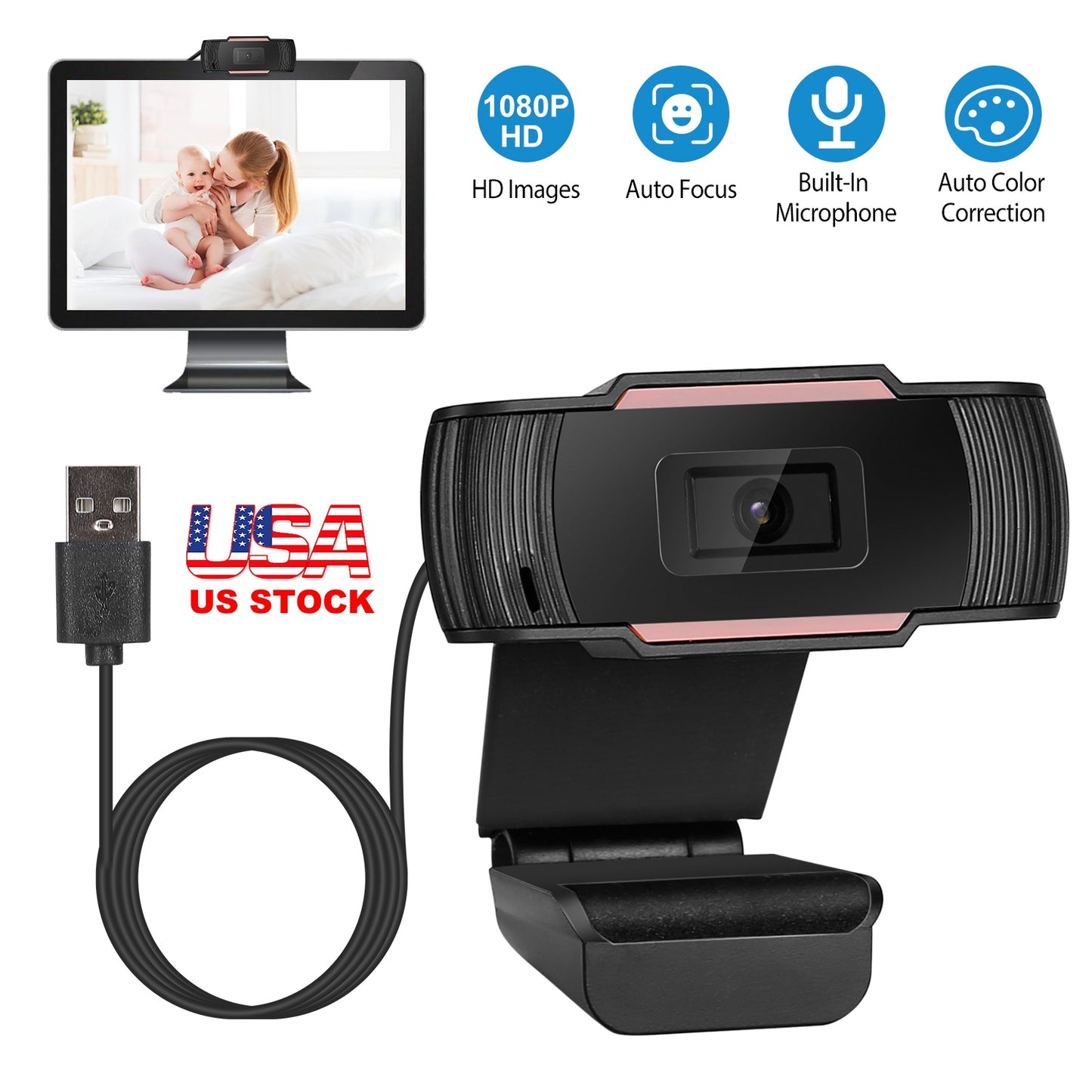 LJGelectro - 1080P USB Webcam Streaming USB Camera 170° Vertical Adjustment w/ Clip For PC Video Conferencing Gaming Facetime Broadcast