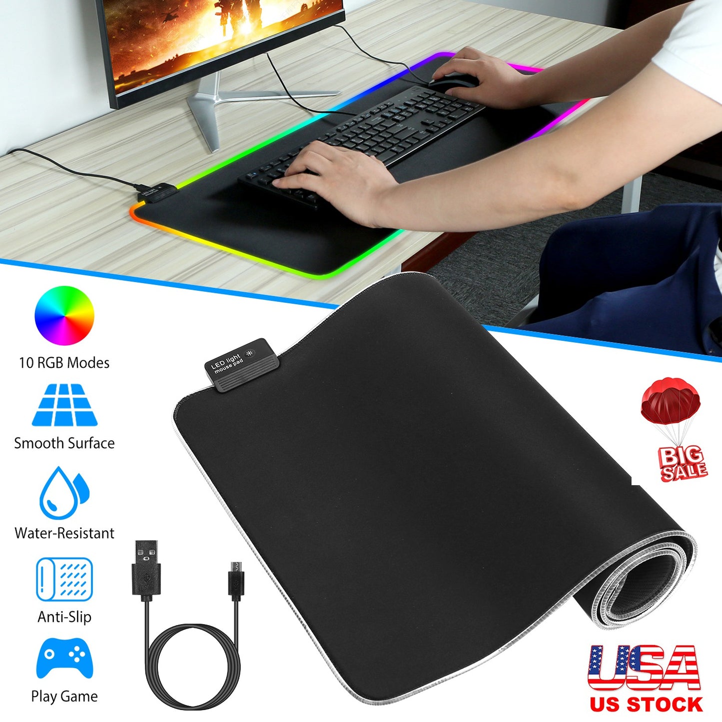 LJGelectro - Large LED Gaming Mouse Pad RGB Computer Keyboard Mouse Mat w/ 10 Light Modes Non-Slip Rubber Base for Game Office