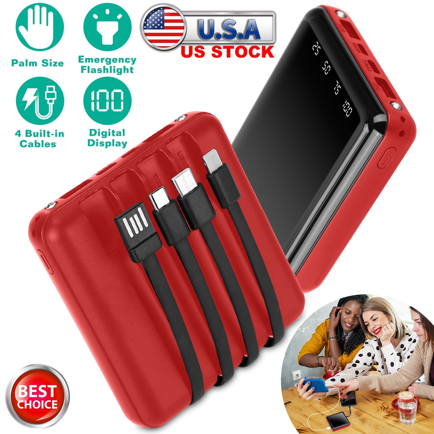 LJGelectro - 10000mAh Portable Charger Power Bank External Battery Pack w/ 4 Built-in Cables w/ LED Flashlight