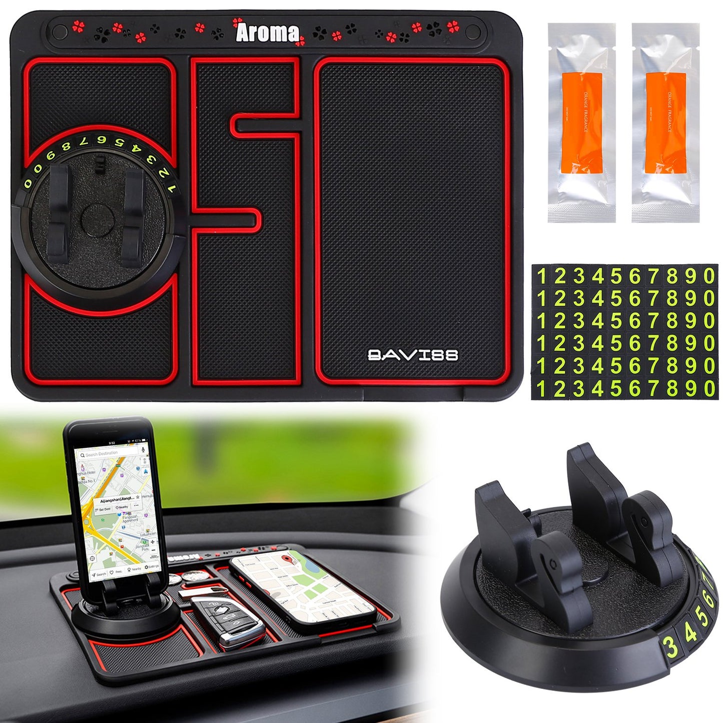 LJGelectro - Non-slip Car Phone Mat 4 In1 Dashboard 360° Rotatable Phone Holder Pad with Aroma Parking Number Plate