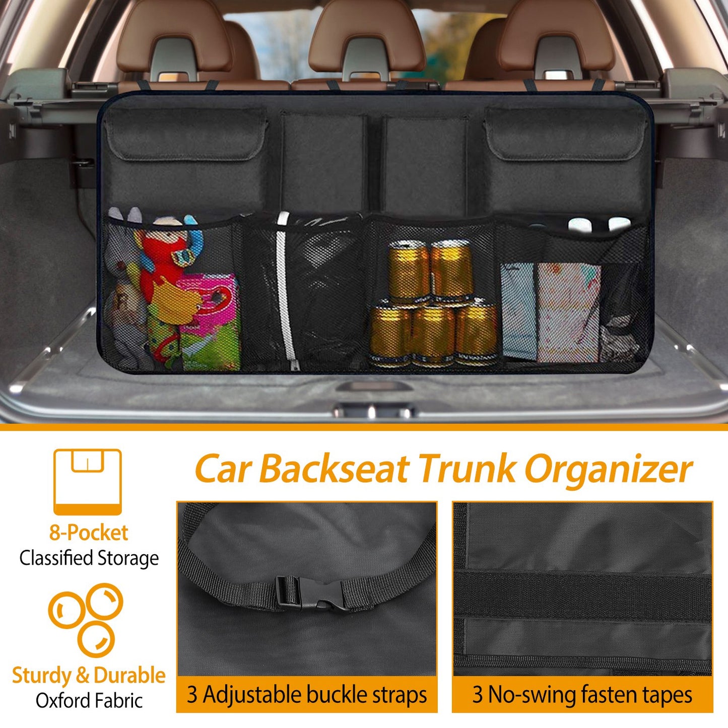 LJGelectro - Car Backseat Trunk Organizer Auto Hanging Back Seat Storage Bag Pocket Adjustable Strap