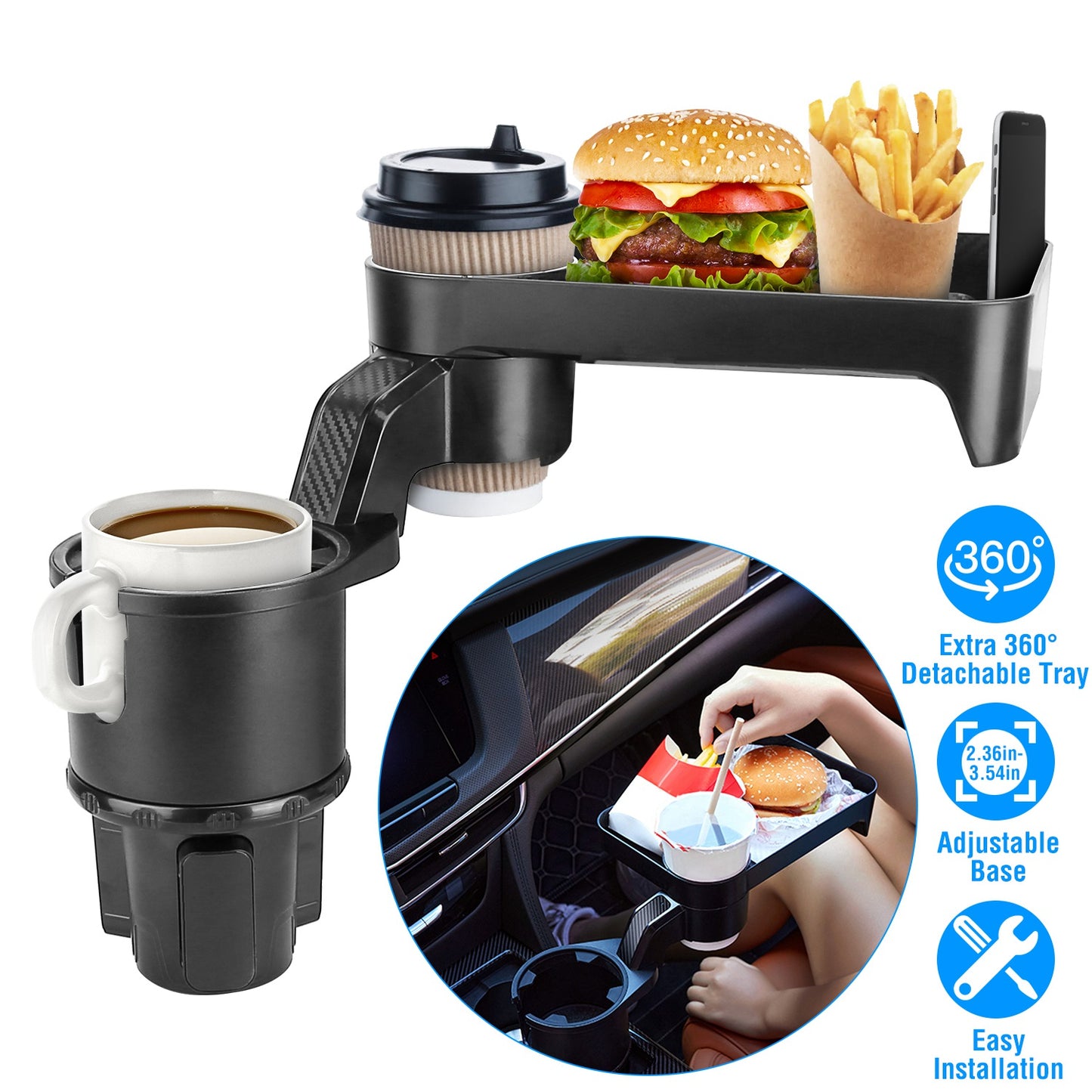 LJGelectro - Car Cup Holder Tray 360° Rotating Car Bottle Holder Expander Adapter Multifunctional Water Cup Mount Stand with Detachable Tray