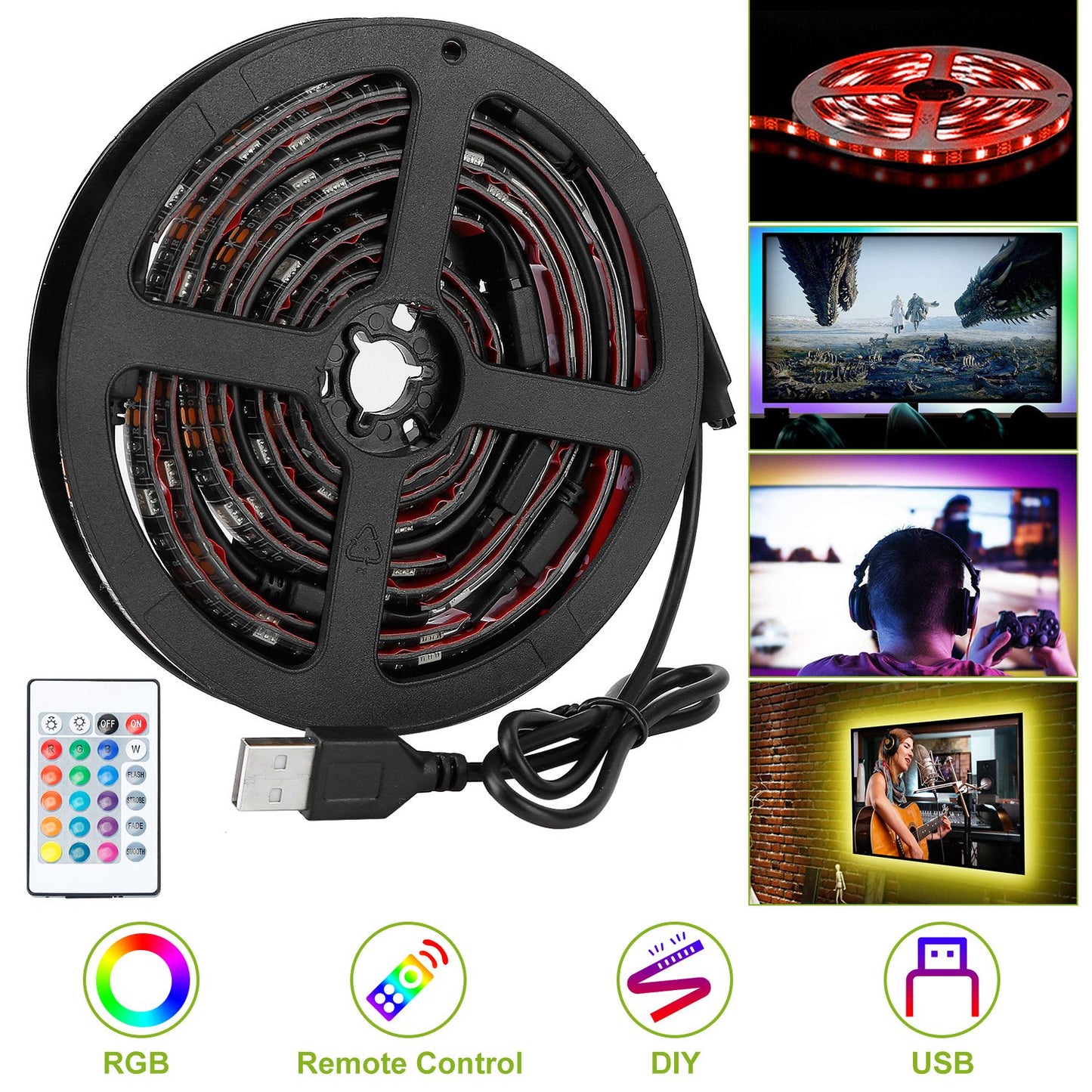 LJGelectro - TV LED Backlight Strip 6.56ft Waterproof RGB Strip Light USB Monitor Lighting Kit w/ Remote Controller 16 Colors For 40-60 in TV