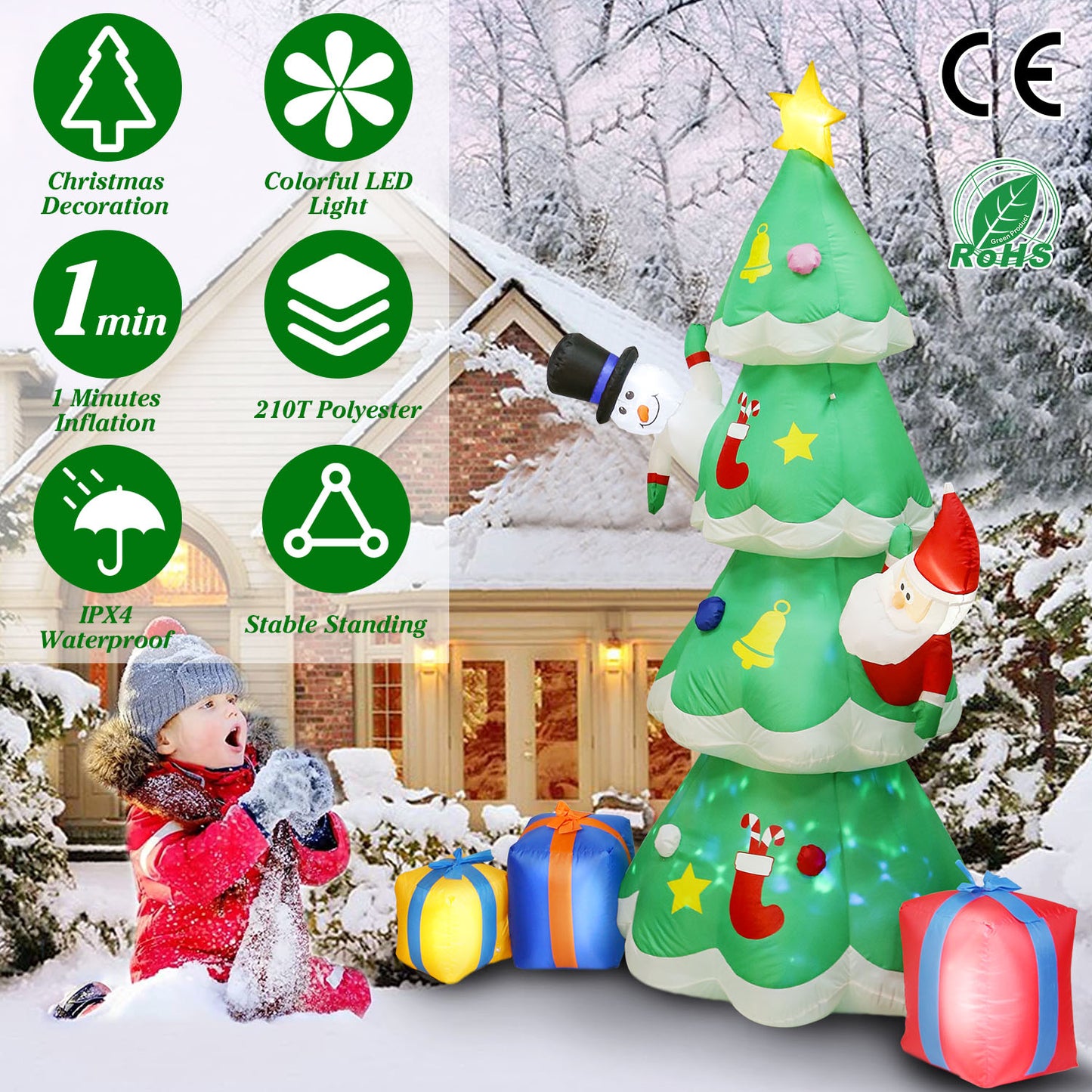 LJGelectro - 6.89FT Christmas Inflatable Outdoor Decoration with Christmas Tree Gift Box Santa Claus Blow Up Yard Decoration with LED Light Built-in Air Blower for