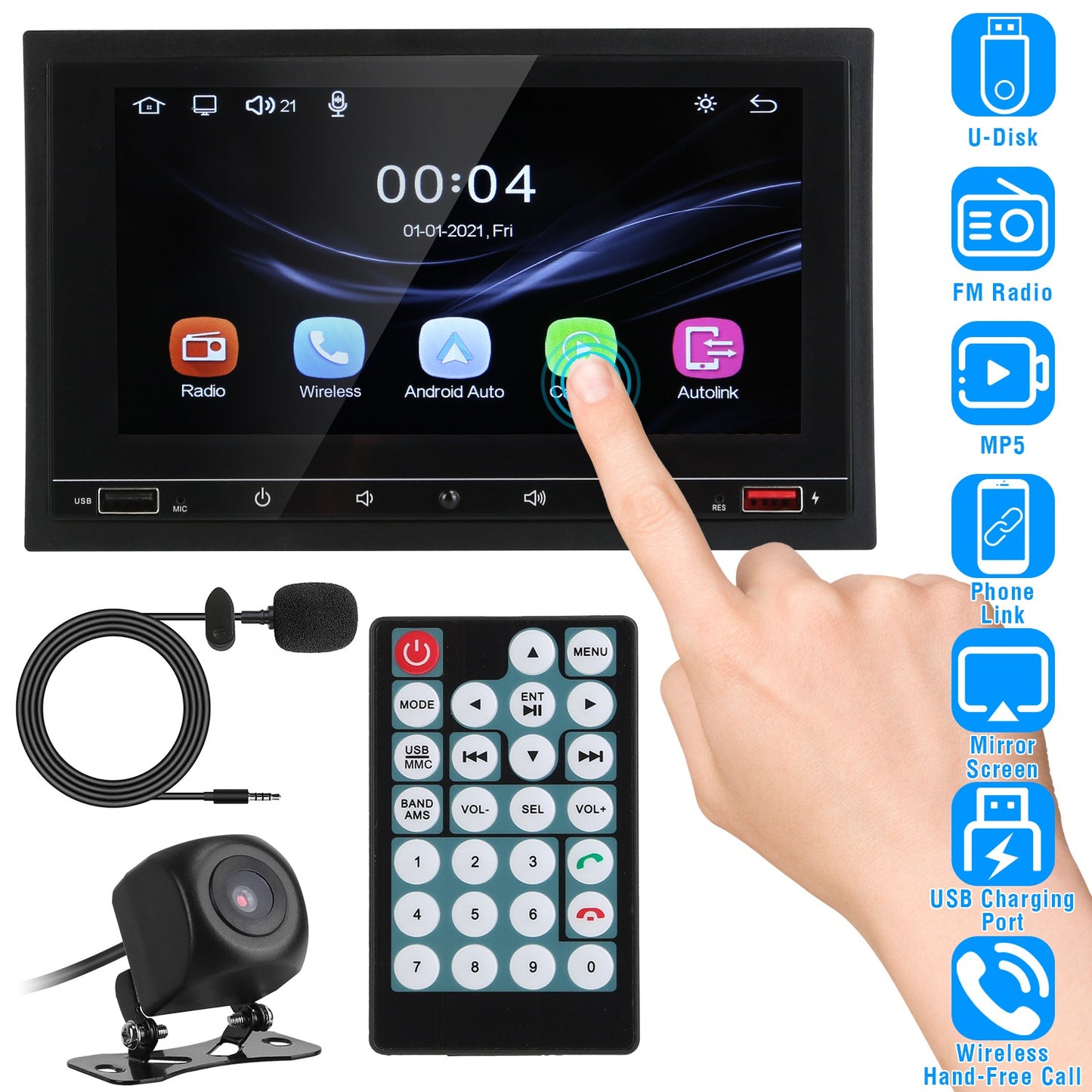 LJGelectro - 7In Universal Wireless Car MP5 Player 1080P Video Player Stereo Audio FM Radio Aux/USB Input with Rear View Camera Remote Control