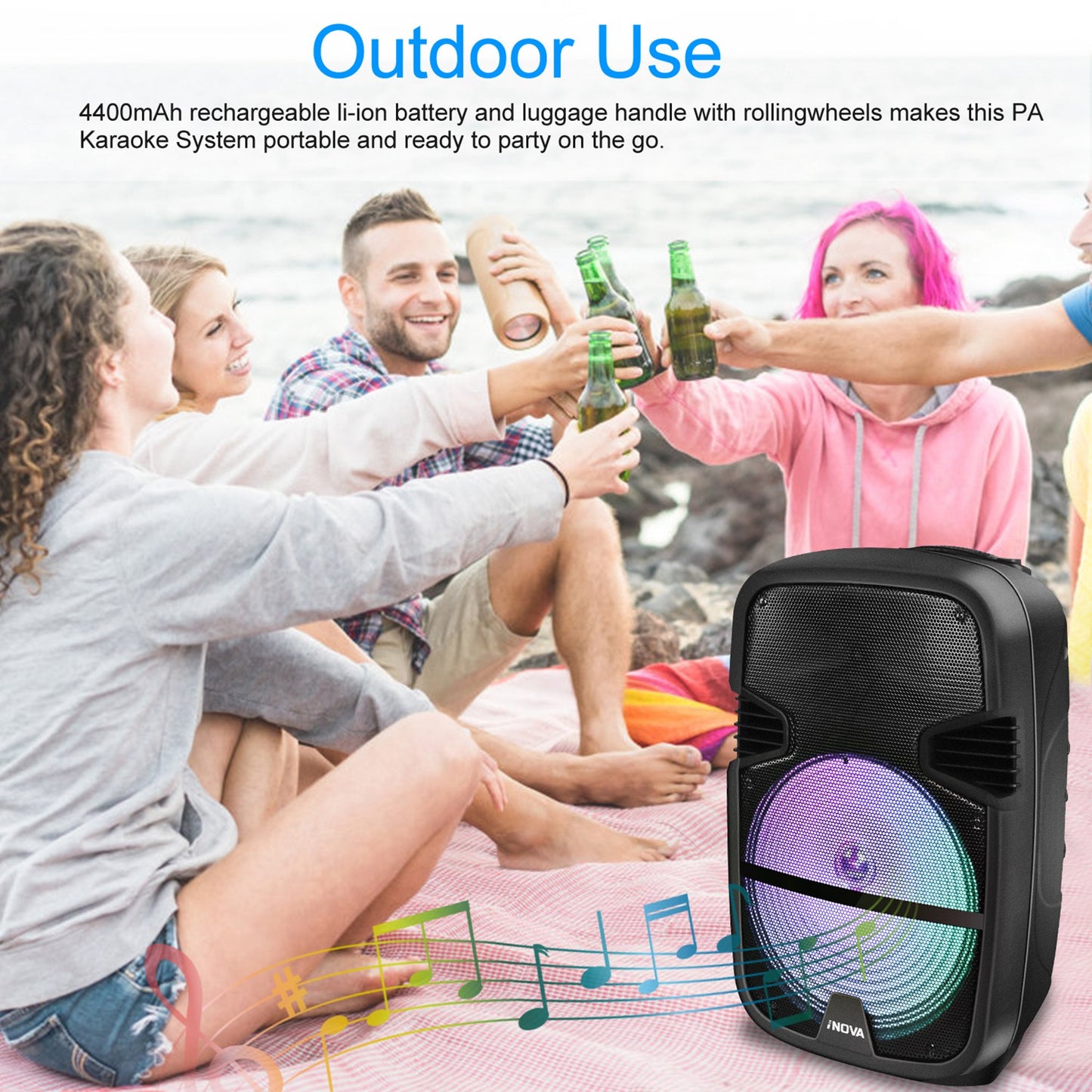 LJGelectro - KOCASO Wireless Speaker Portable PA Karaoke System with 12" Subwoofer FM Radio Wired Microphone w/ DJ Lights FM Remote Control