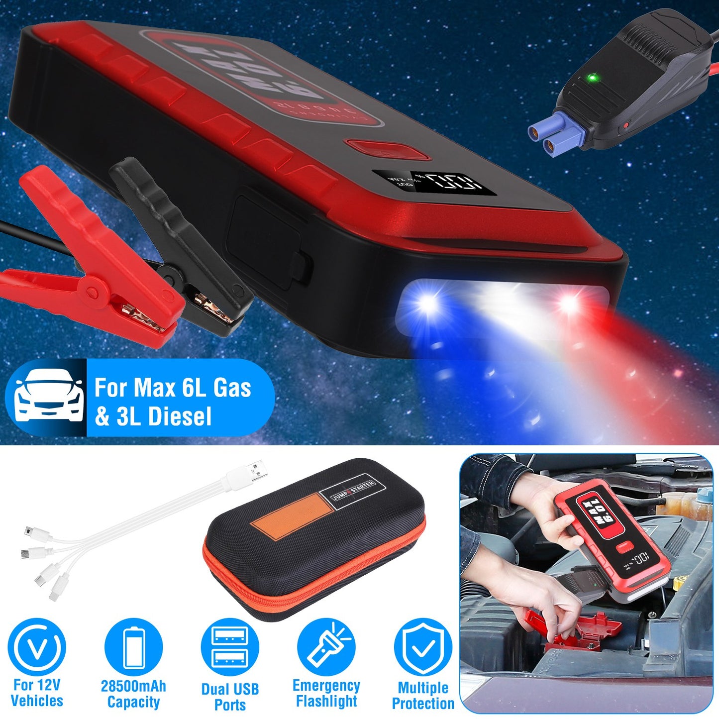 LJGelectro - Car Jump Starter Booster 2500A Peak 25800mAh Battery Charger Power Bank with 4 Modes LED Flashlight for Up to 6.0L Gas or 3.0L Diesel Engine Car