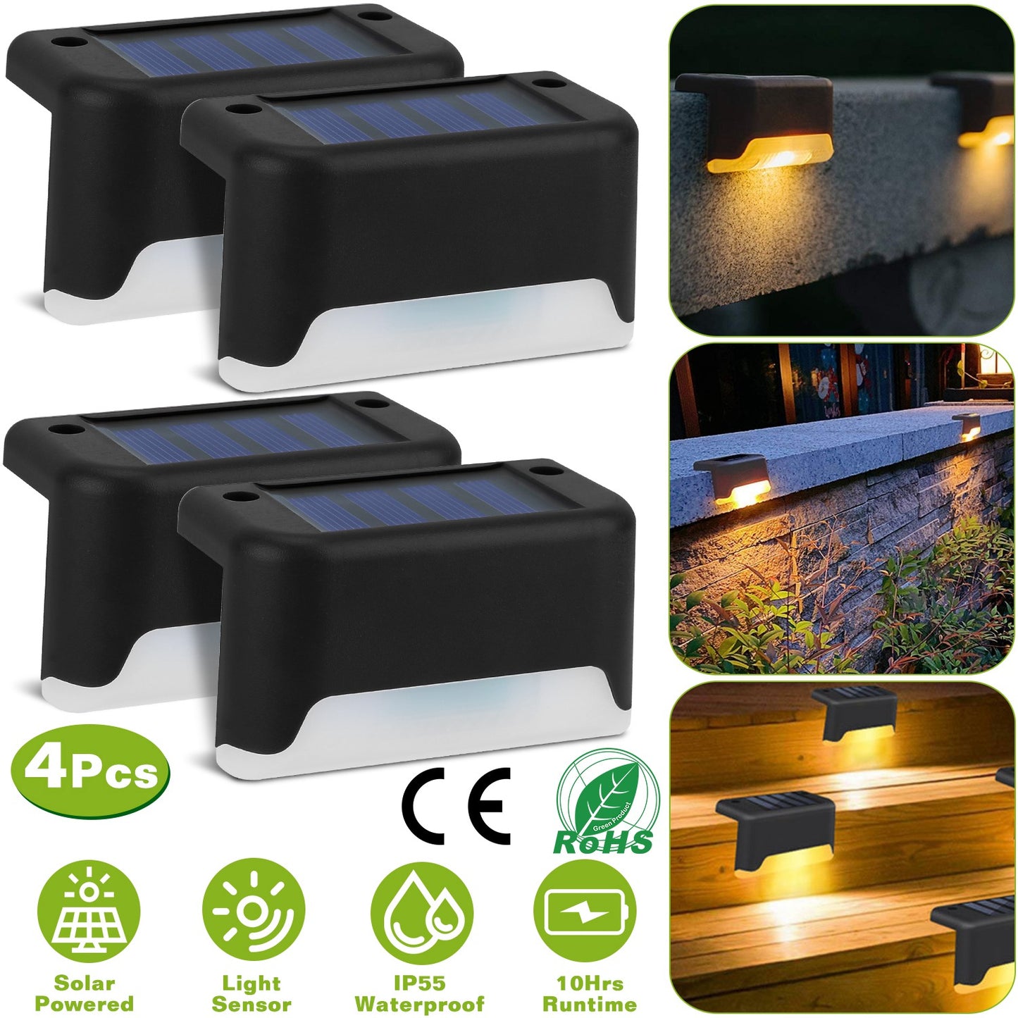 LJGelectro - 4Pcs Solar Powered LED Step Lights Outdoor IP55 Waterproof Dusk To Dawn Sensor Fence Lamps For Stairs Yard Railing