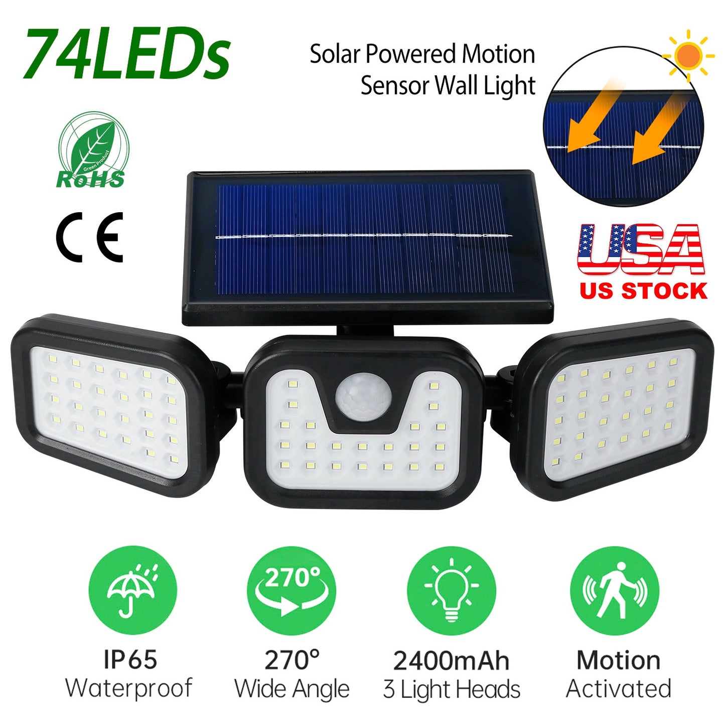 LJGelectro - Solar Wall Lamp 74 LEDs 3 Adjustable Head Motion Sensor Flood Light IP65 Waterproof Security Light Outdoor 270° Wide Angle Light For Garage Front Door