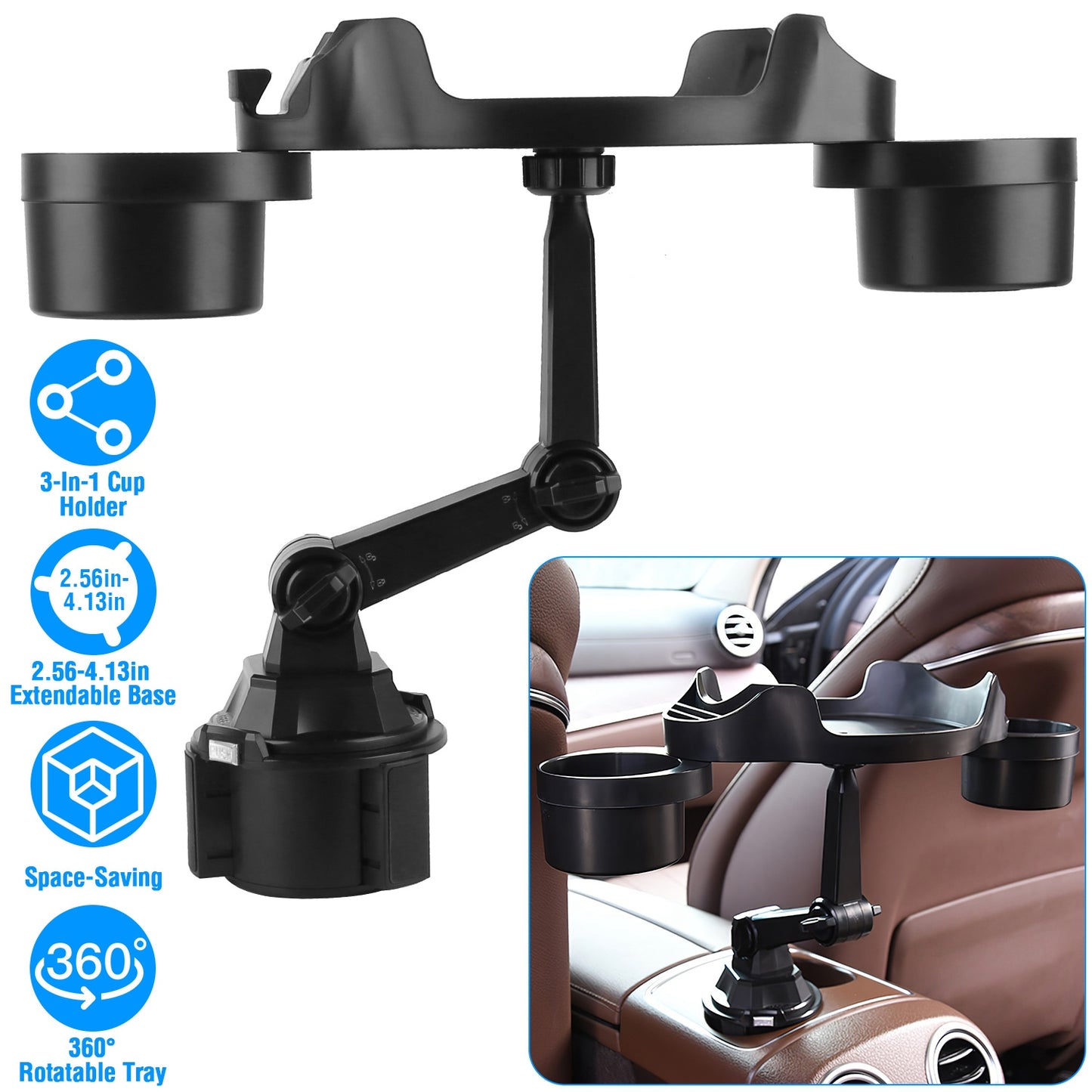 LJGelectro - Car Cup Holder Expander 360° Rotating Car Tray Bottle Holder Adapter Multifunctional Water Cup Mount Stand with Phone Slot