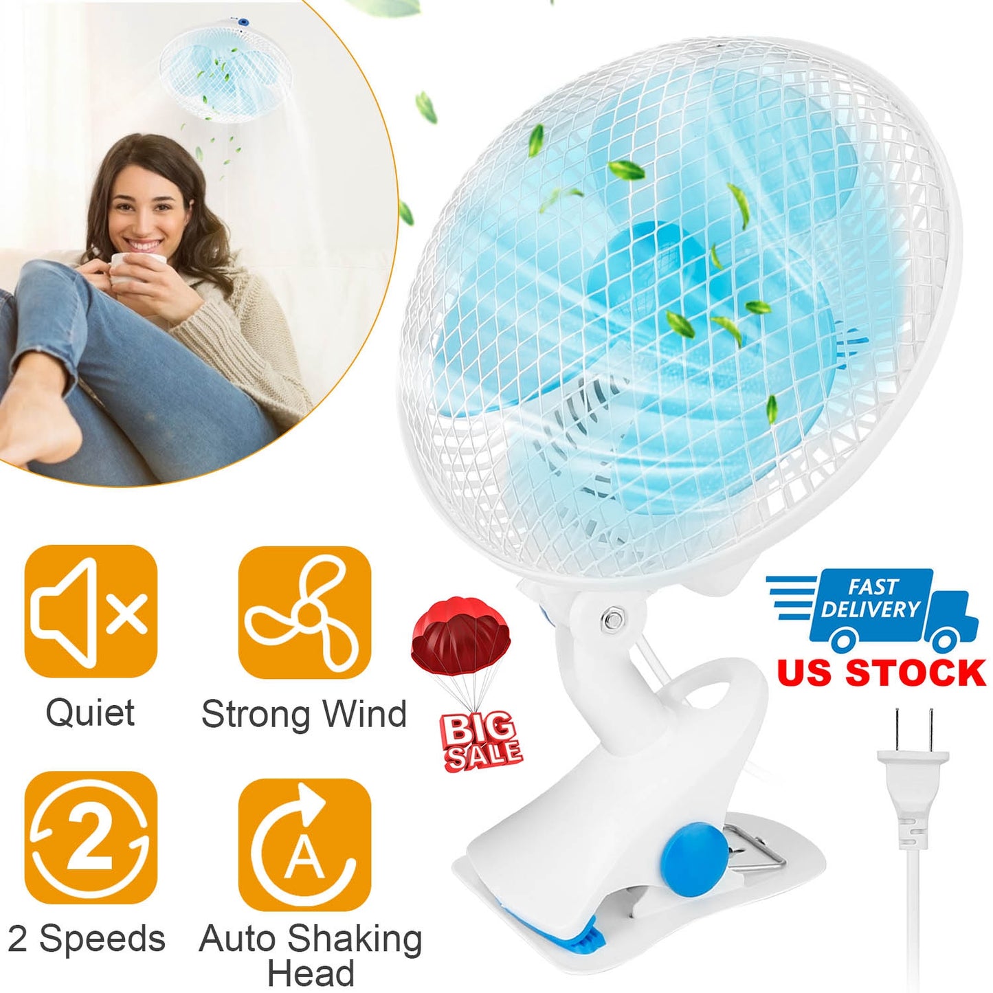 LJGelectro - Clip On Fan 2 Speeds Quiet Clamp Fan Adjustable Tilt Auto Shaking Fan Wall Mount Personal Fan For Desk Office Home Baby Strollers Table Tops w/ 3.94FT