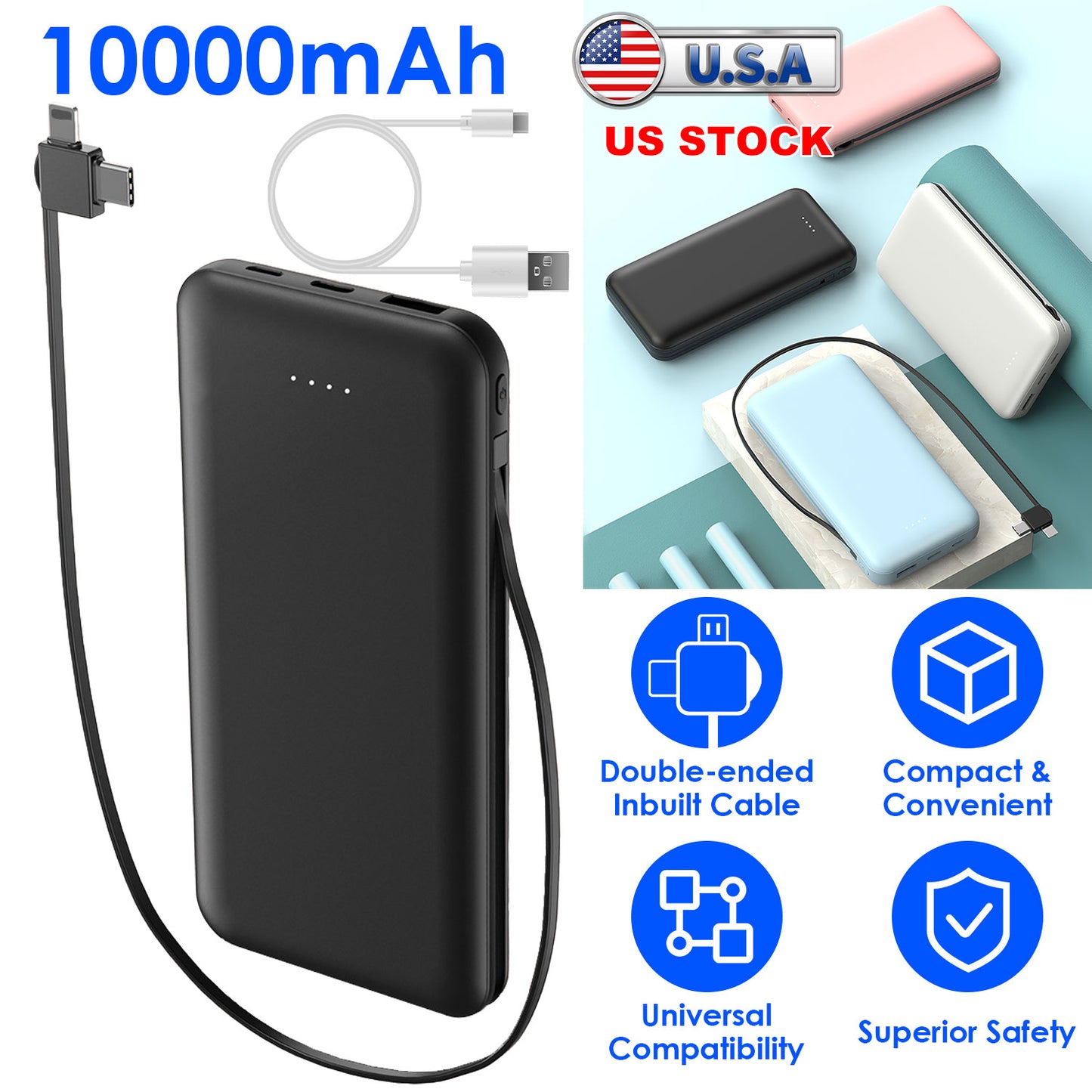 LJGelectro - 10000mAh Power Bank Portable Phone Charger External Battery Pack with LT & Type-C Double-ended Cable Type-C USB Cable Fit For IOSPhone 14 Android And