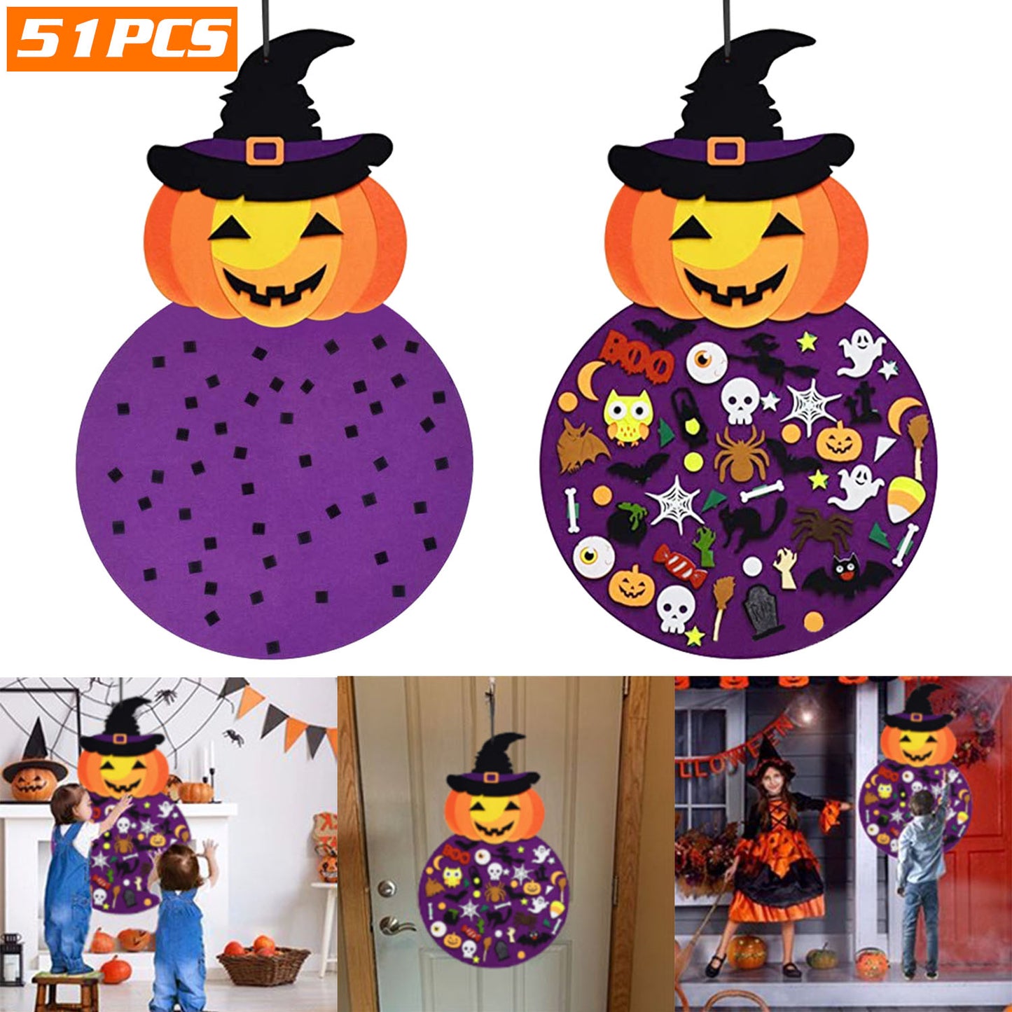 LJGelectro - 2.8FT Halloween Felt Pumpkin Witch 51Pcs Felt Pumpkin Witch Hanging Decor Ornaments Kits Halloween Gift for Toddlers