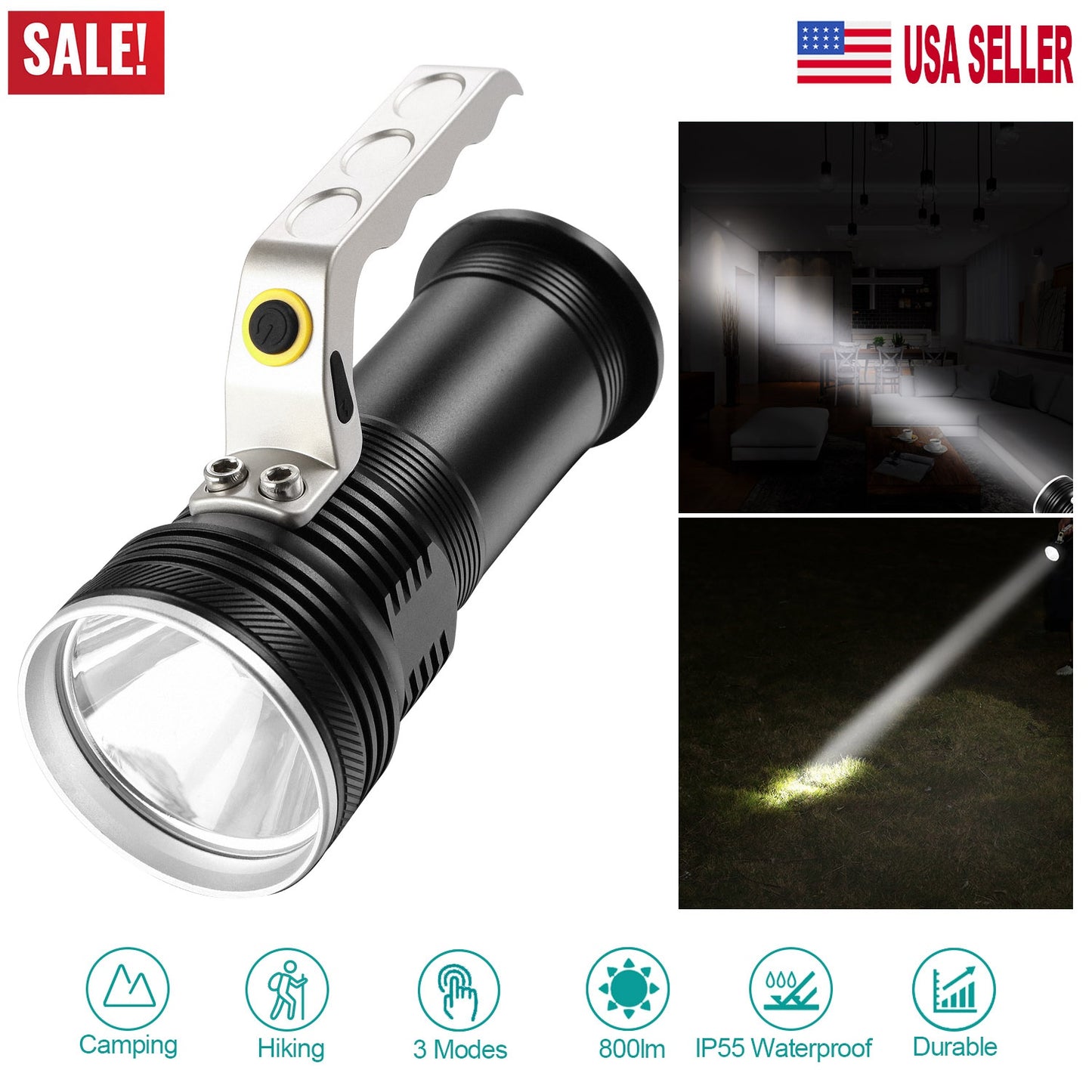 LJGelectro - Super Bright Handheld LED Flashlight Portable USB Rechargeable Searchlight 3 Modes Waterproof Spotlight Torch Flashlight Aluminum Alloy for Camping Hi