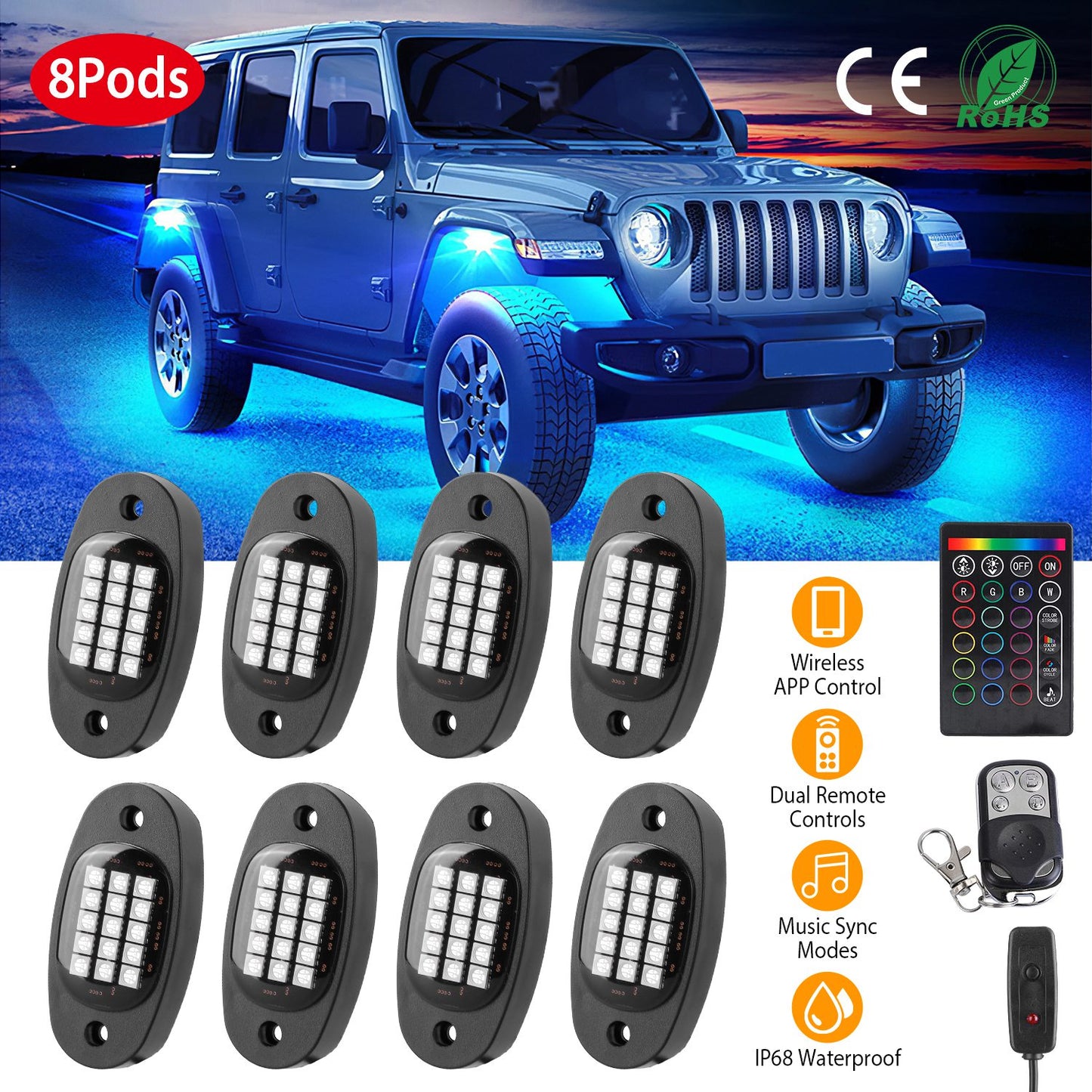 LJGelectro - 8 Pods RGB LED Rock Lights DC12V Car Neon Light Kit IP68 Waterproof Underglow Lights with Double Remote Controls Wireless APP Control for Jeep Truck U