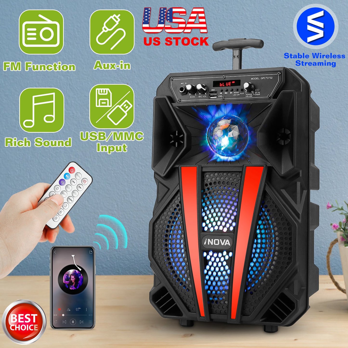 LJGelectro - 8” Wireless Party Speaker Subwoofer Bass Portable TWS Party Speaker w/ Microphone Support FM Radio Remote Control MMC Car Slot LED Colorful Lights