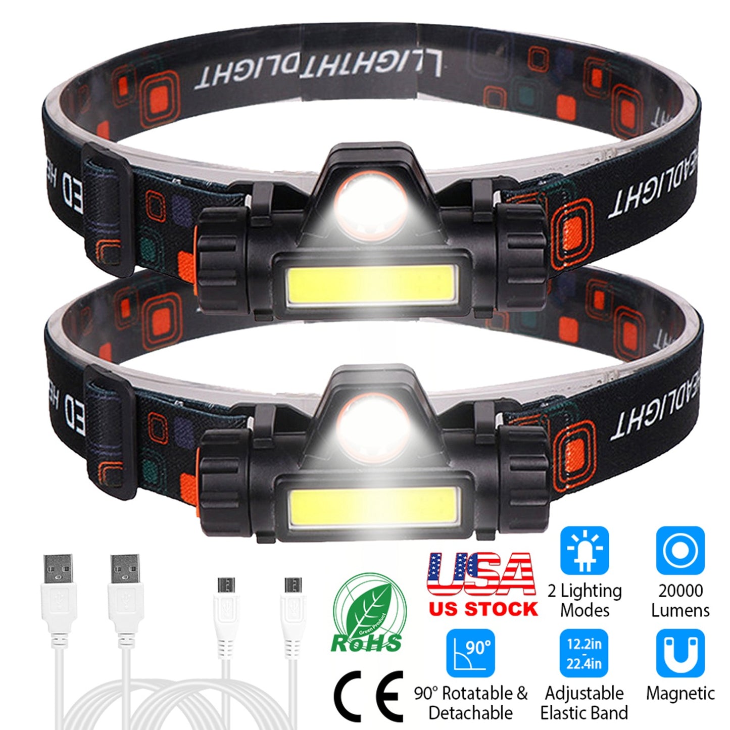 LJGelectro - 2 Packs Rechargeable Headlamp IPX4 Waterproof Headlight Flashlight Hand-free Head Torch for Fishing Camping Hiking Running