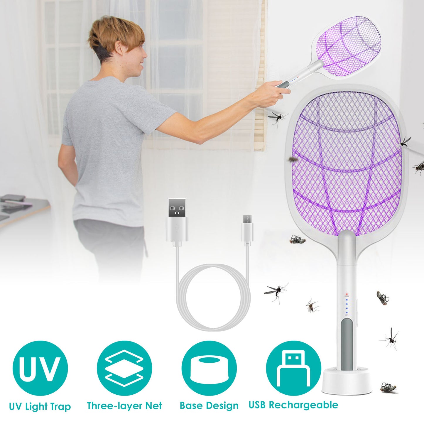 LJGelectro - 2 in 1 Electric Rechargeable Bug Zapper Mosquito Insect Killer Fly Swatter Mosquito Zapper Racket Mosquito Trap Catcher