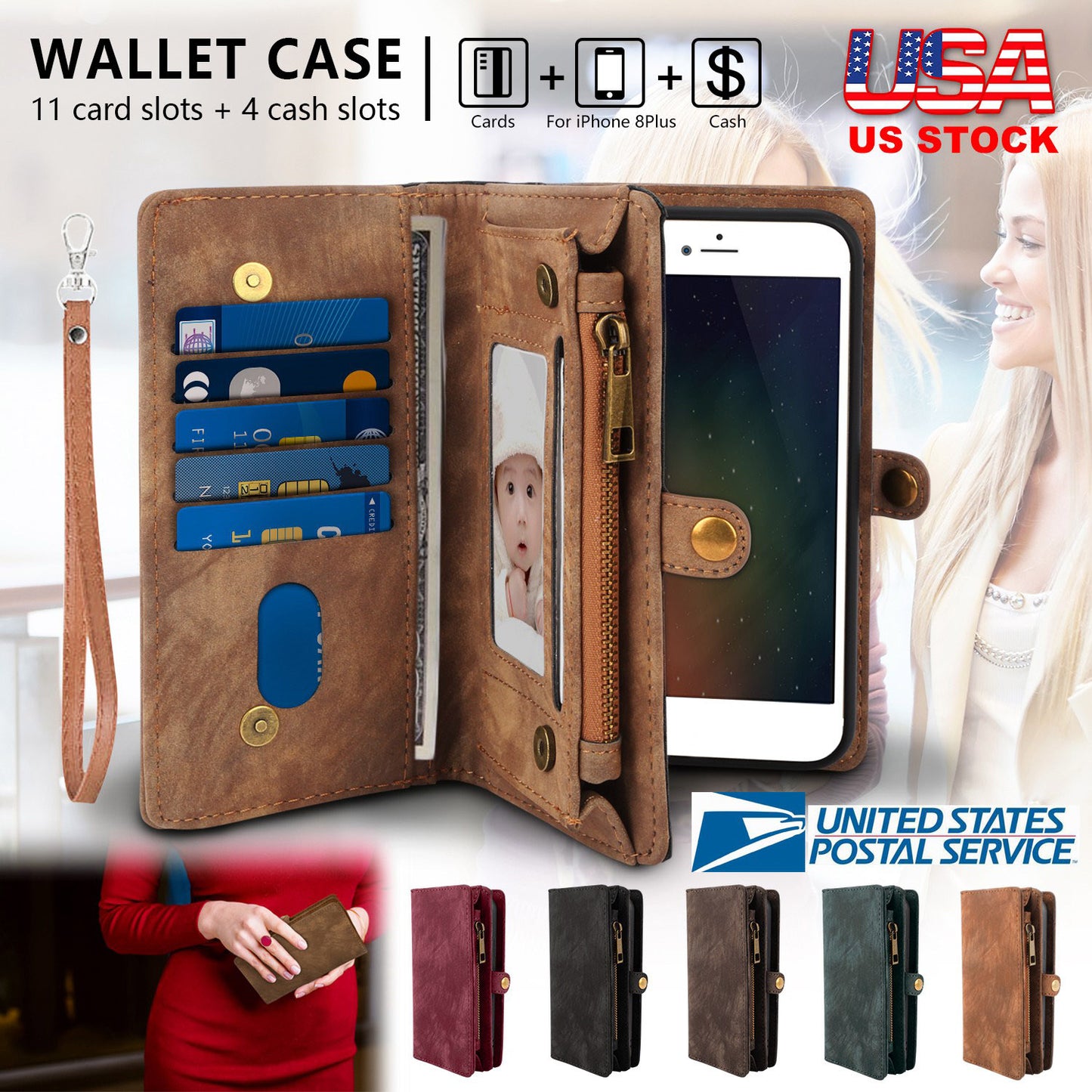 LJGelectro - Phone Wallet Case For iPhone 8 Plus Portable Wallet Case 2 in 1 Leather Zipper Magnetic Detachable 15 Card Slots Money Pocket Clutch Cover W/ID Widows