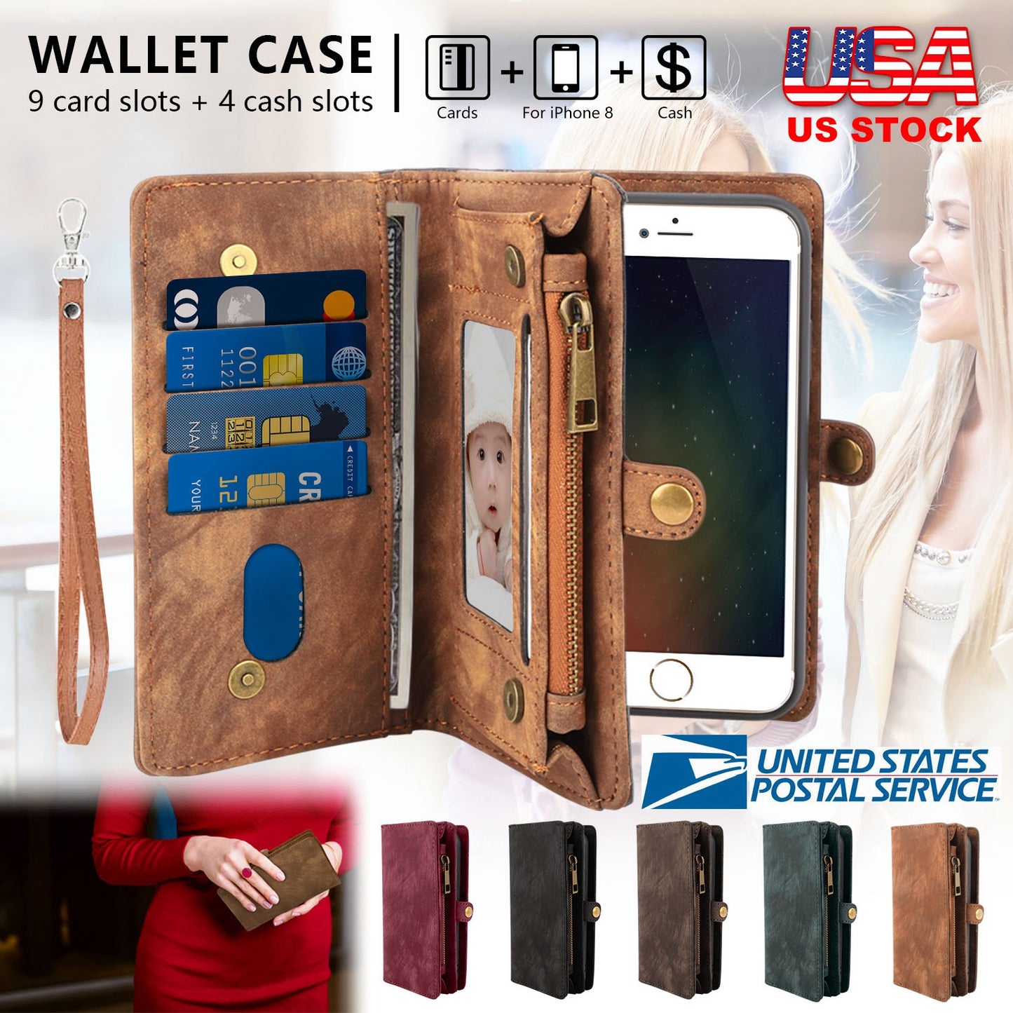 LJGelectro - Phone Wallet Case For iPhone 8 Portable Wallet Case 2 in 1 Leather Zipper Magnetic Detachable 13 Card Slots Money Pocket Clutch Cover W/ID Widows