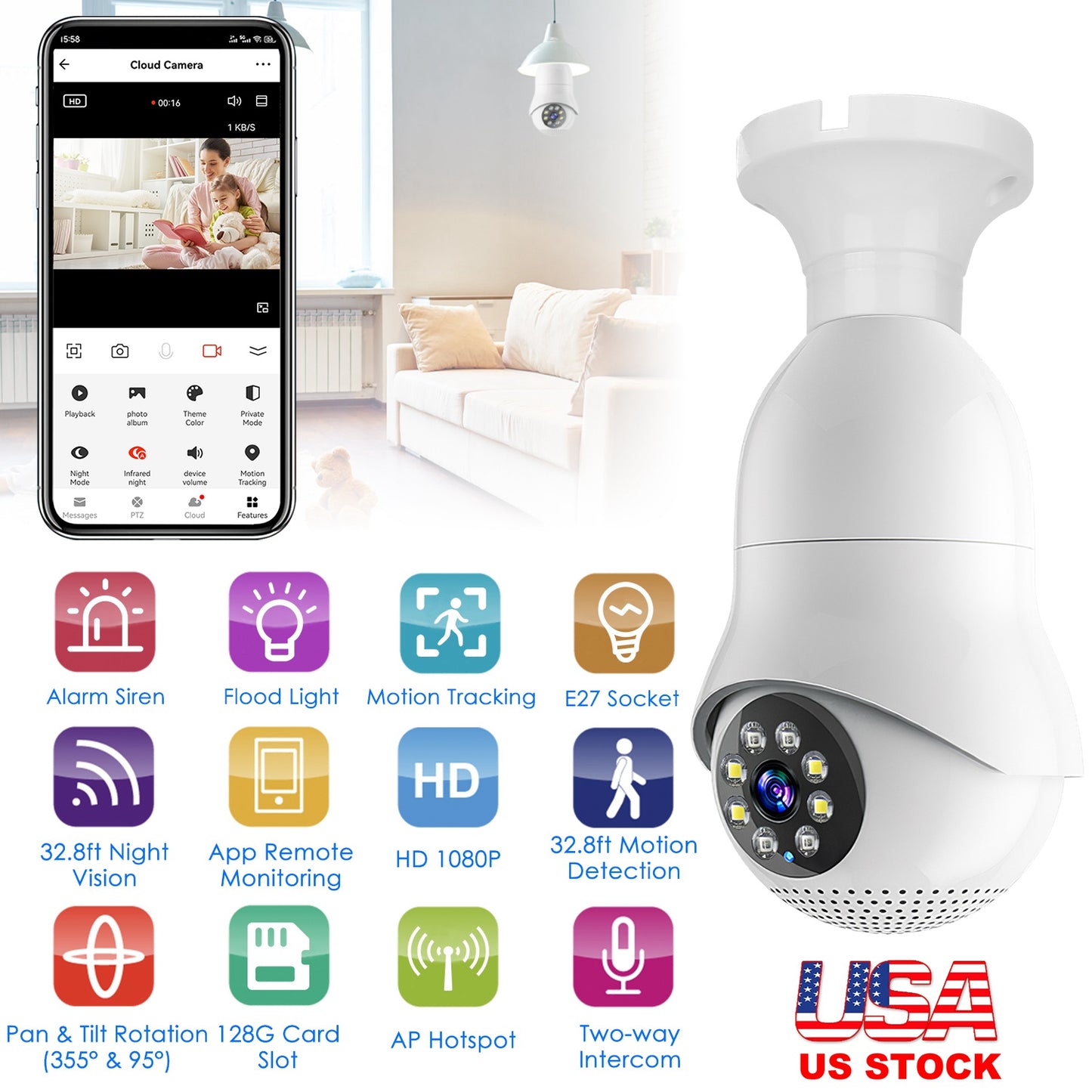 LJGelectro - E27 WiFi Bulb Camera 1080P FHD WiFi IP Pan Tilt Security Surveillance Camera with Two-Way Audio Night Vision Flood Light Motion Tracking Siren Functio