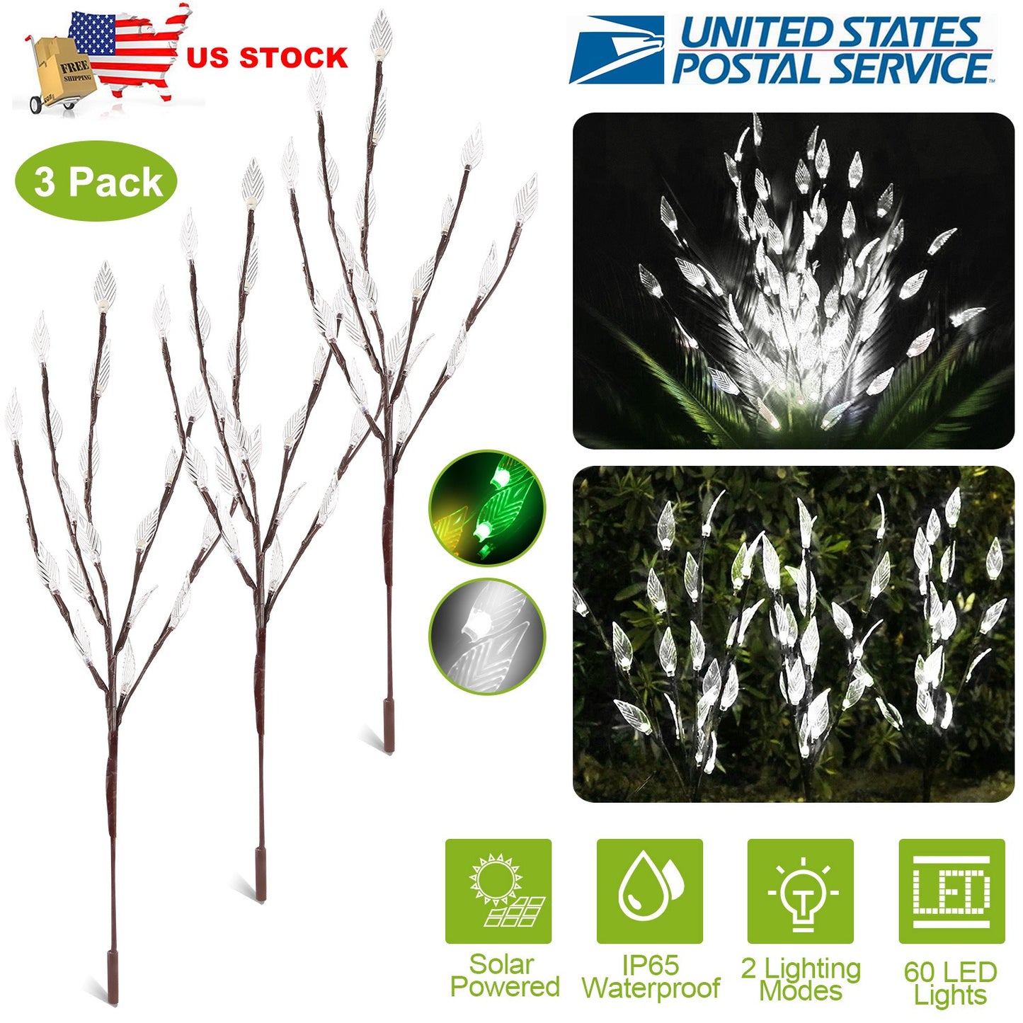 LJGelectro - 3 PCS 60 LED Solar Garden Lights Tree Branch Leaf Shape Lamp IP65 Waterproof Solar Garden Decorative Lights for Outdoor Garden Lawn Patio Decking