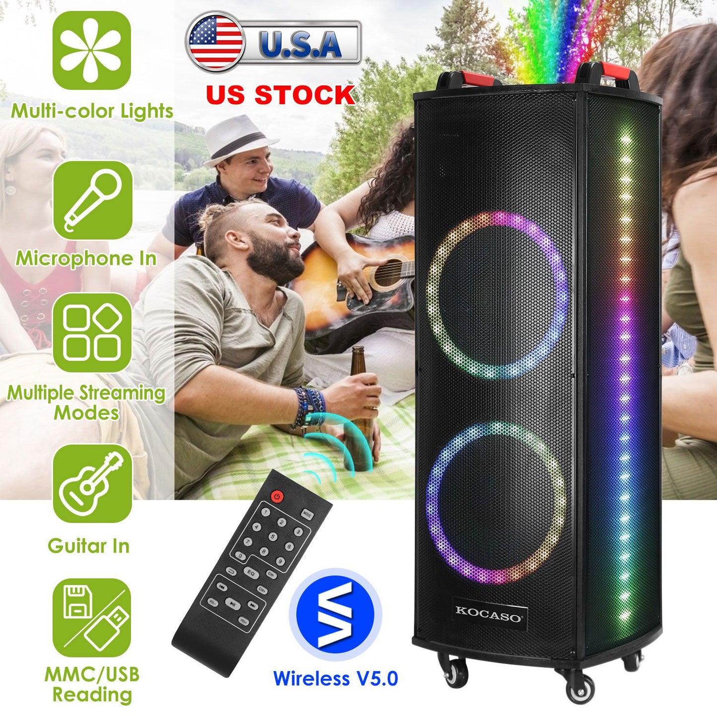 LJGelectro - Portable Wireless Party Speaker Colorful Lights DJ PA System with TWS Function FM Radio USB MMC Card Reading Aux In Guitar Input Recording Function Mi