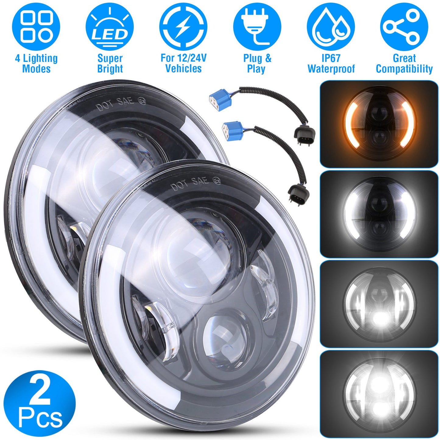 LJGelectro - 2Pcs 7In 40W Round LED Headlights 3800LM Halo Car Headlamp with DRL Turn Light High Low Beam Fit for Honda Yamaha Motorcycle Jeep Wrangler TJ JK CJ