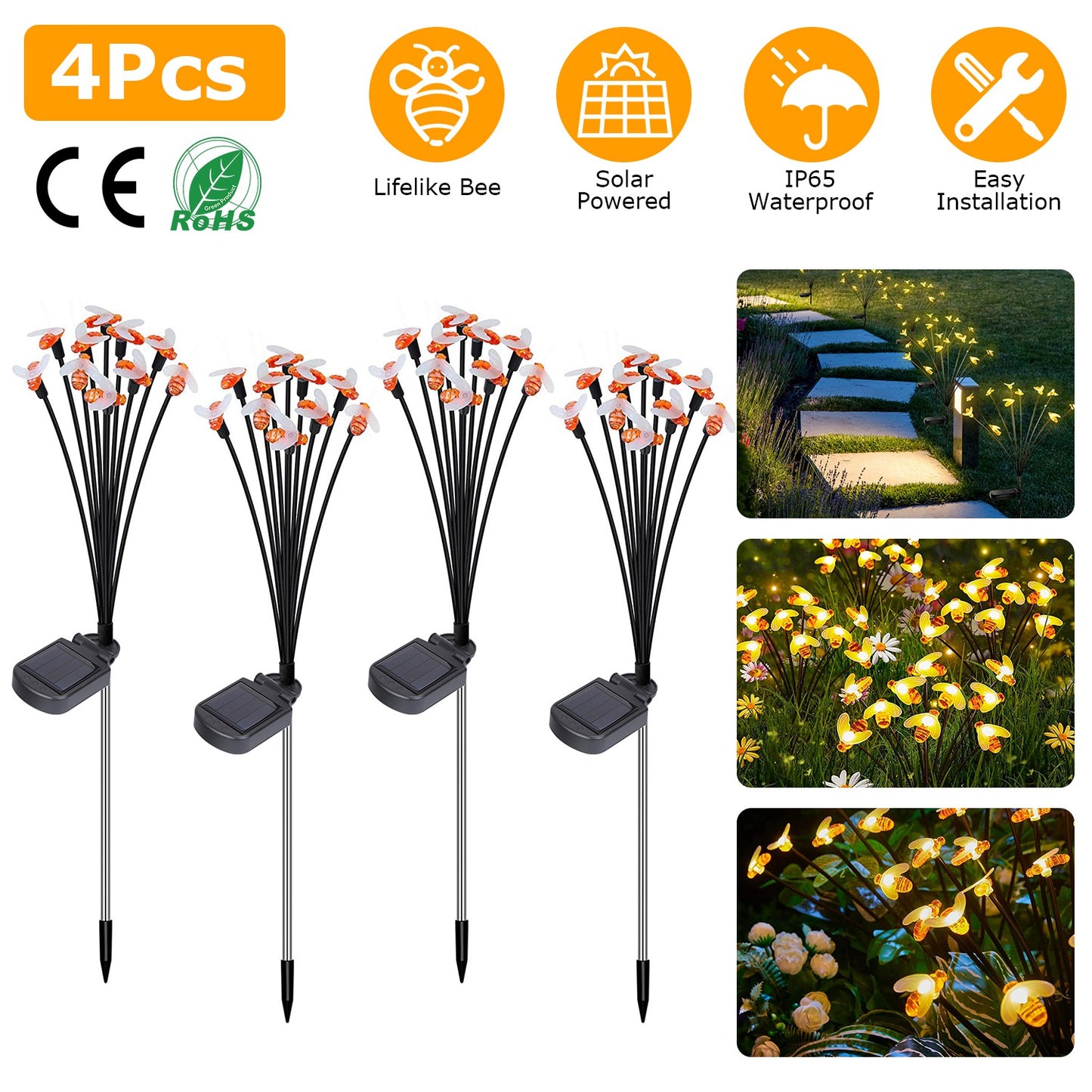 LJGelectro - 4Pack Solar Powered Stake Bee Light 2 Lighting Mode Lifelike Firefly Decorative Stake Lamp IP65 Waterproof Outdoor Landscape Garden Light Warm Yellow