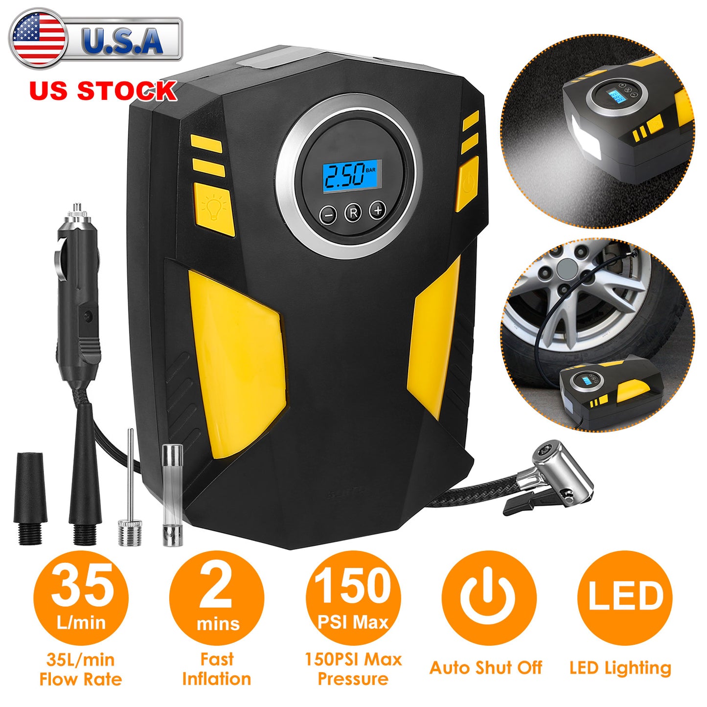 LJGelectro - Portable Car Tire Inflator DC 12V Digital Car Air Pump Compressor Electric Air Pump w/LED Light 150PSI