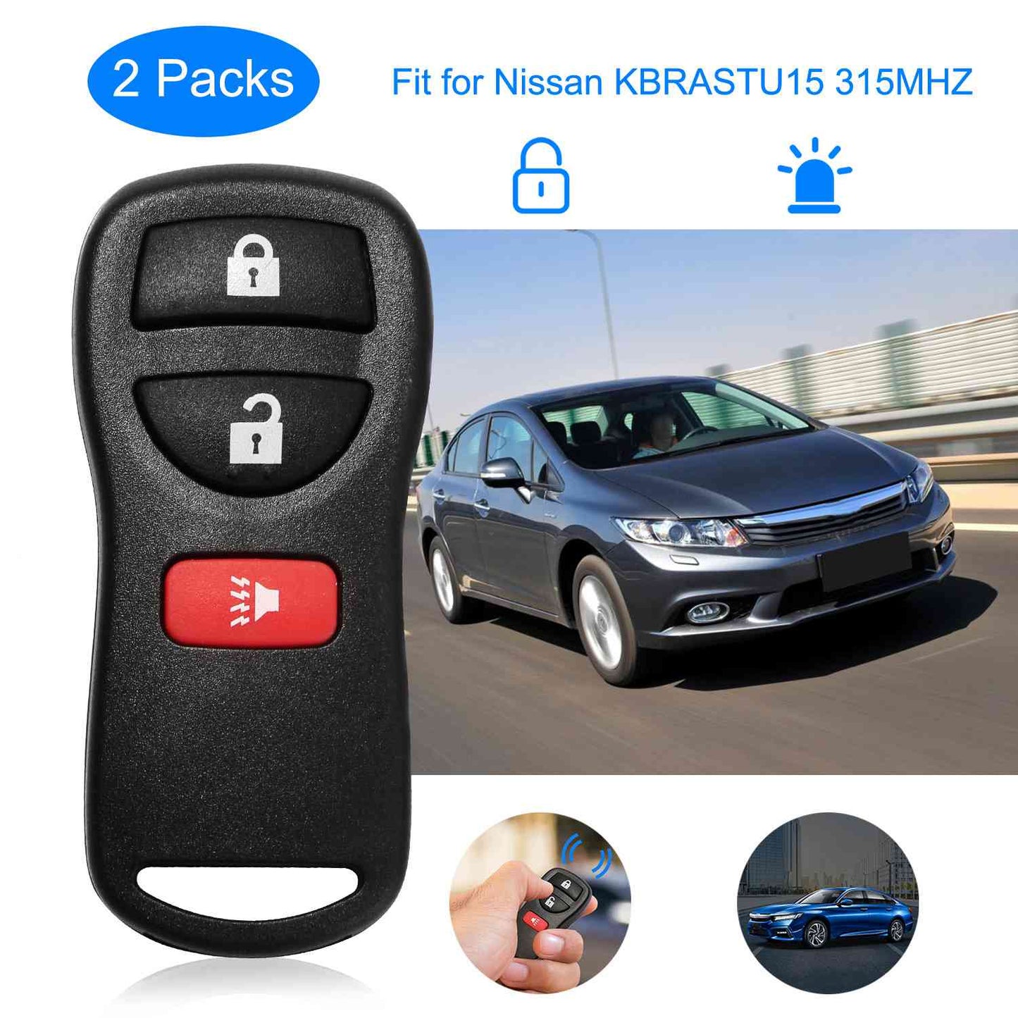 LJGelectro - 2 Keyless Entry Car Key Remote Key Fob Case Button Pad Replacement for Nissan KBRASTU15 315MHZ