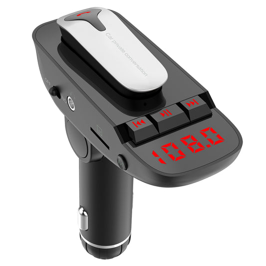 LJGelectro - Car FM Transmitter w/ Wireless Earpiece 2 USB Charge Ports Hands-free Call MP3 Player TF Card Aux-in