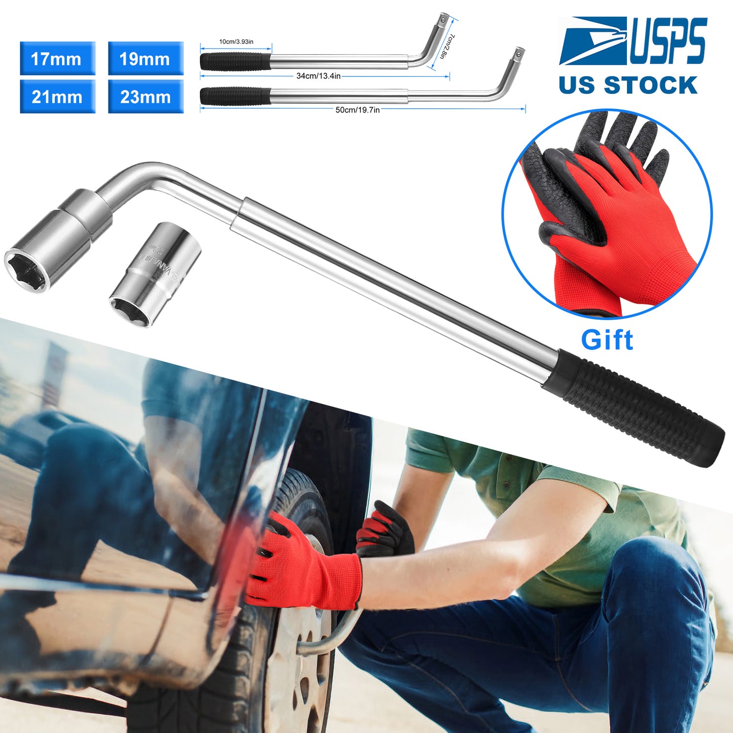 LJGelectro - Telescoping Lug Wrench Extendable Tire Wheel Nut Wrench with CR-V Sockets 17mm/19mm/21mm/23mm Free Work Gloves