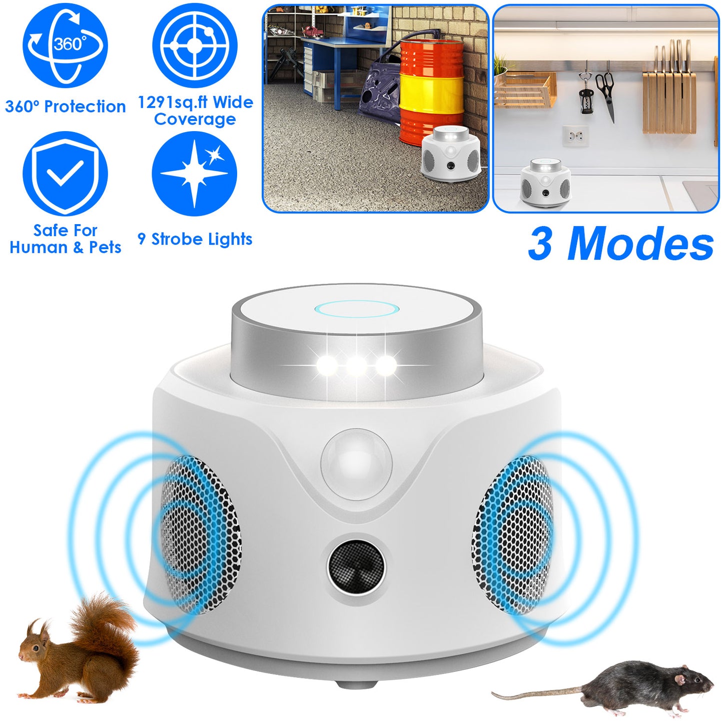 LJGelectro - 360° Ultrasonic Mice Repellent Indoor Rodent Repeller Mice Rat Squirrel Rodent Chaser with 3 Modes 9 Strobe Lights for Kitchen Living Room Attic Basem