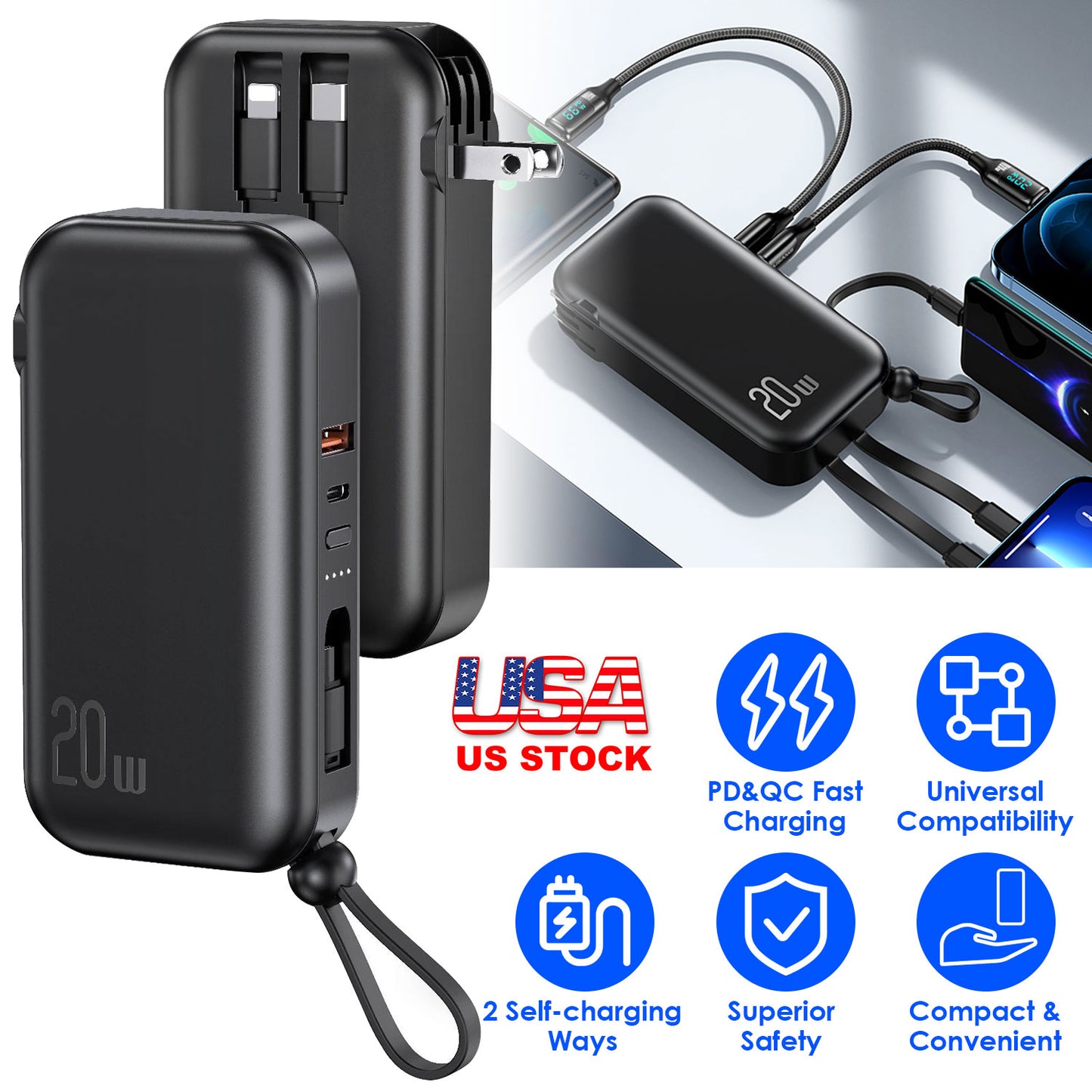 LJGelectro - 10000mAh Portable Charger with US Plug 3 Inbuilt Cables PD20W QC18W Fast Charging Power Bank with 5 Outputs External Battery Pack Fit For IOSPhone 14