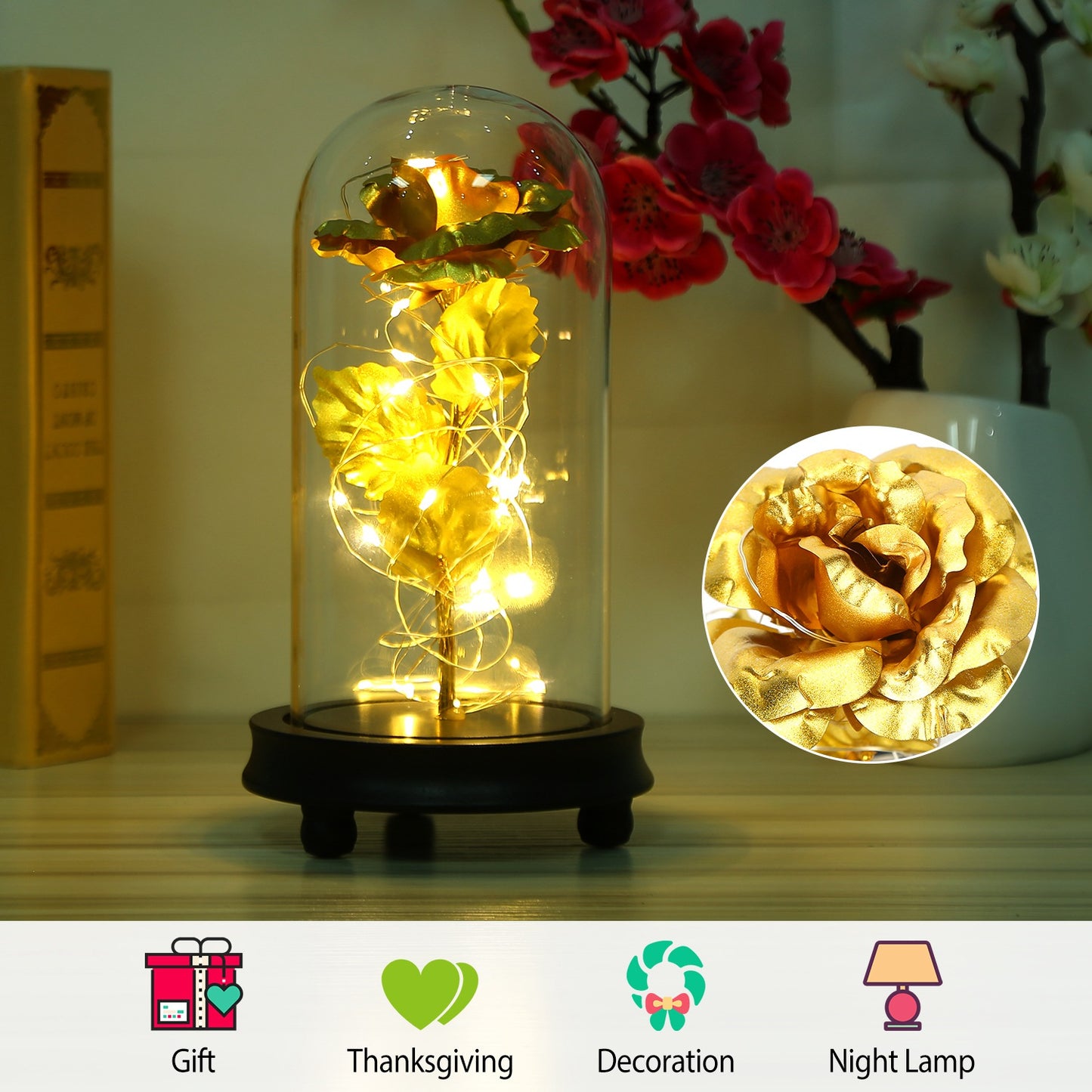 LJGelectro - Foil Rose LED String Light Rose Fairy Lamp w/ Glass Dome For Valentines’ Day Mother’s Day Wedding Birthday